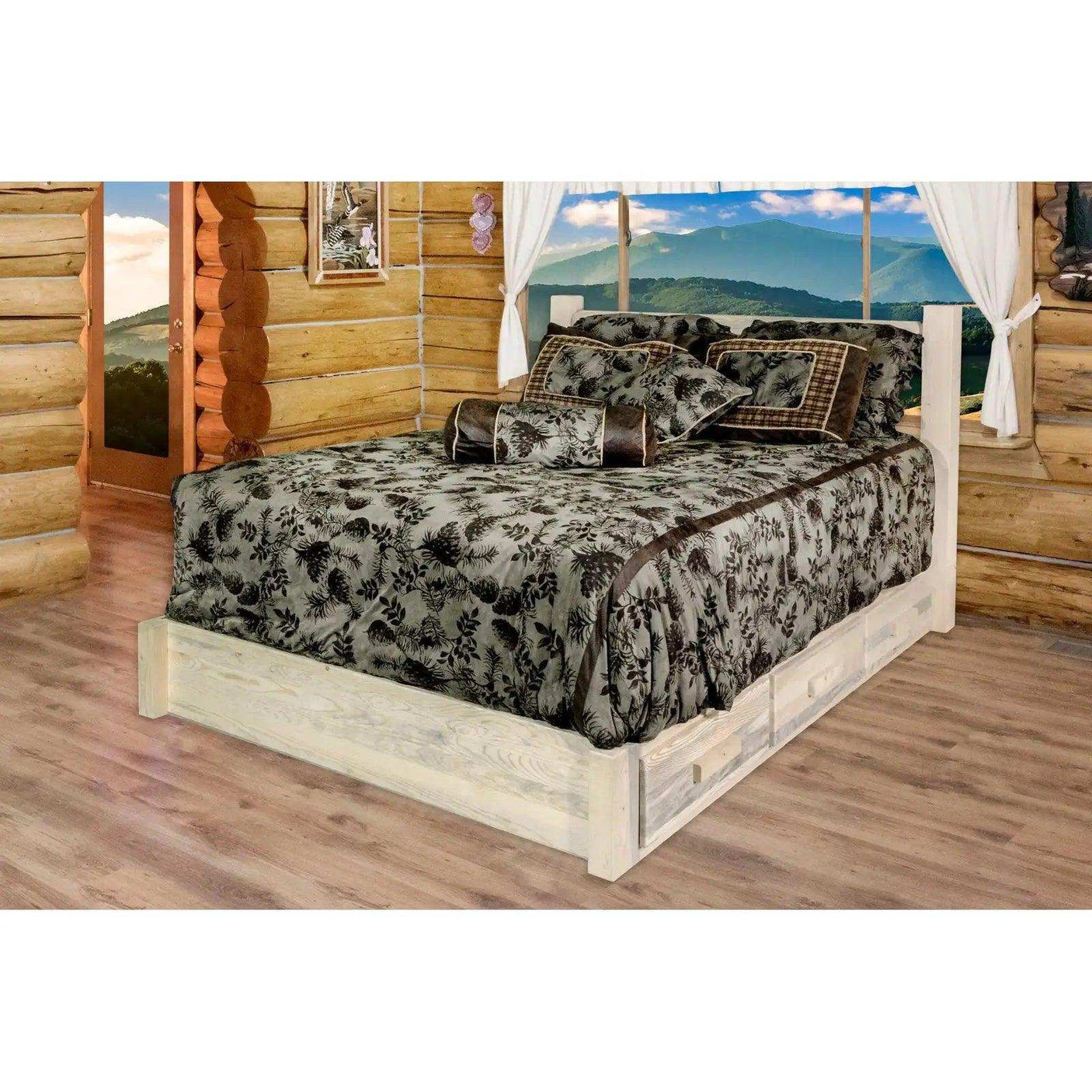 Rustic platform bed with storage in log cabin bedroom, nature view through window