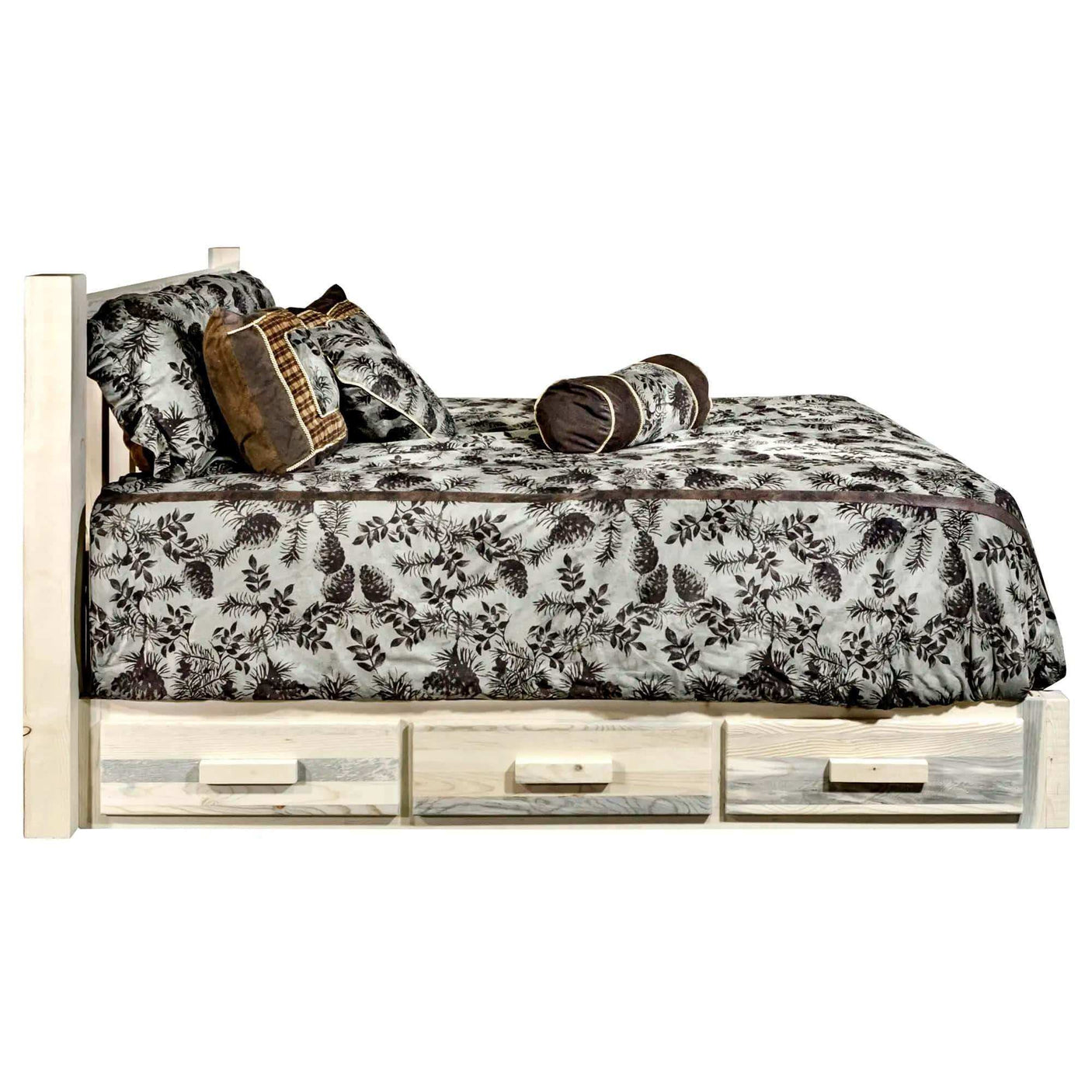 Homestead full platform bed with storage drawers, clear lacquer finish, botanical bedding