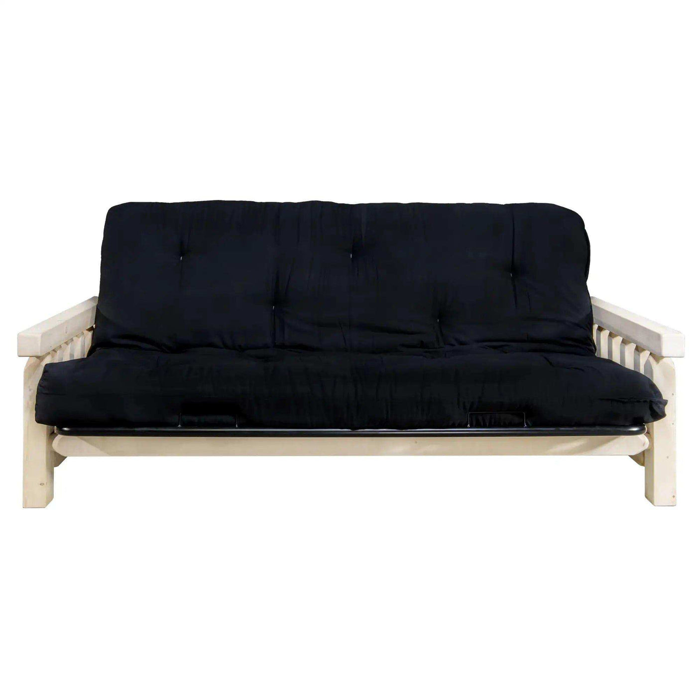 Homestead collection futon frame with black mattress and clear lacquer wood finish