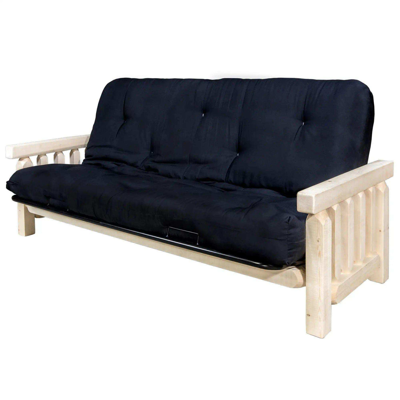 Homestead Collection futon frame with black mattress, clear lacquer wood finish