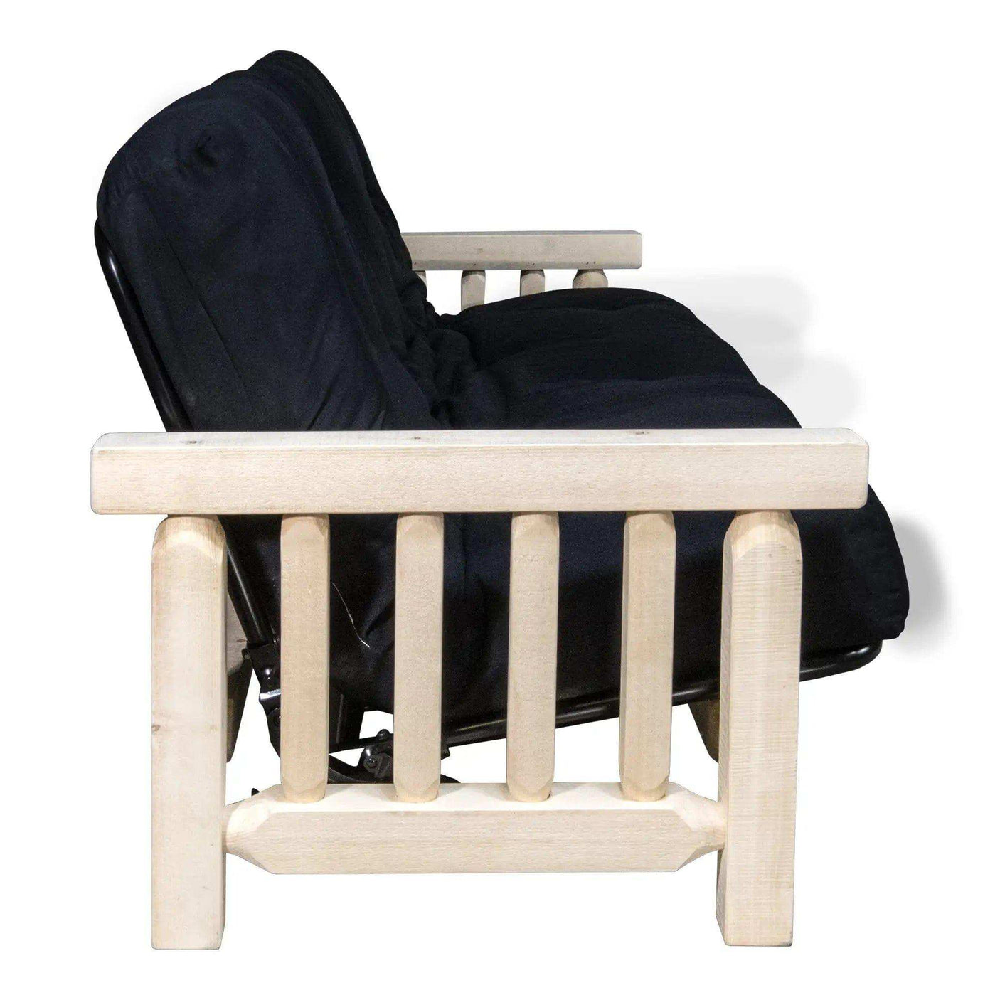 Clear lacquer wood futon frame with black mattress, Homestead Collection