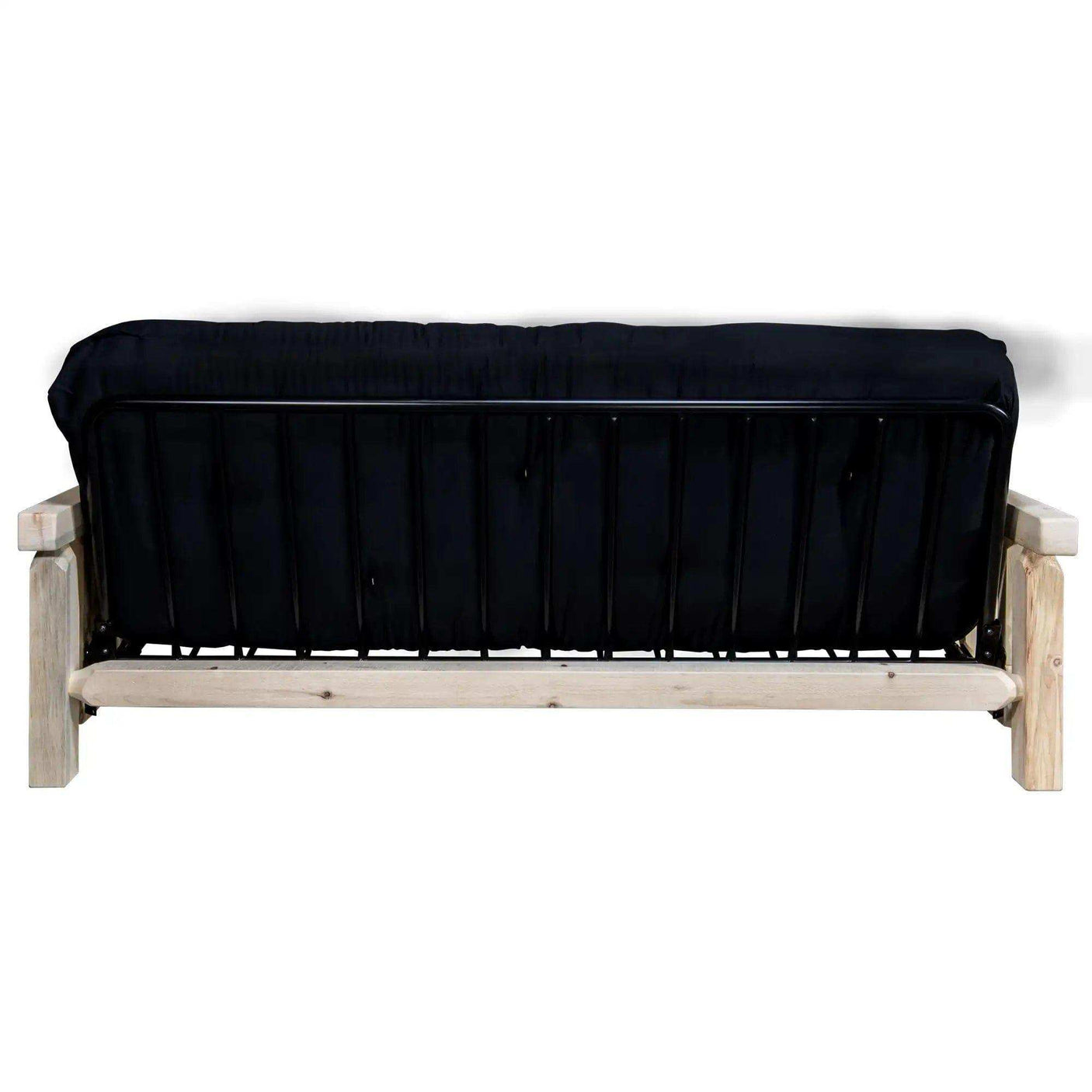Homestead futon frame with black mattress and clear lacquer wood finish