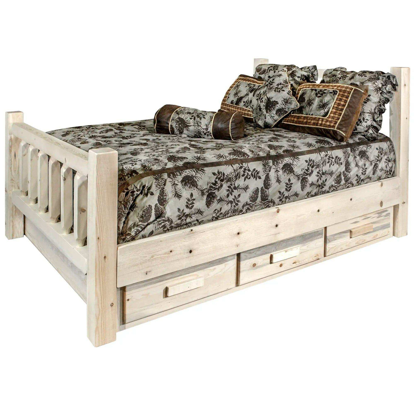 Homestead Collection king bed with storage drawers, clear lacquer wood finish, rustic style.