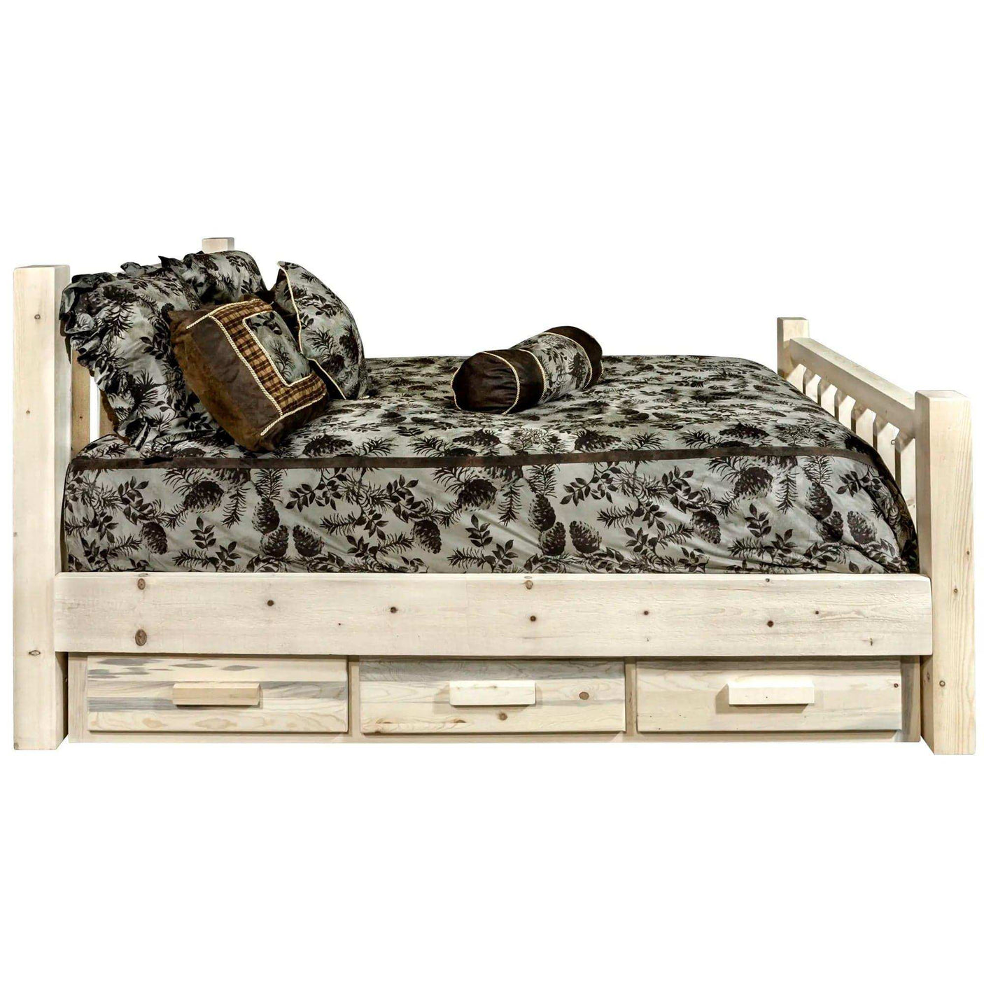 Homestead Collection king bed with storage drawers, clear lacquer finish, pine bedding