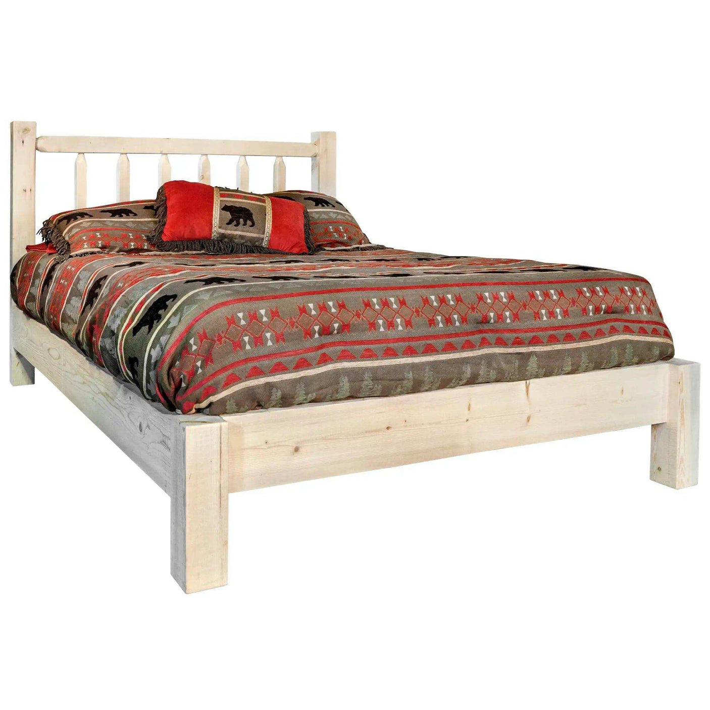 Homestead Collection king platform bed with clear lacquer finish and rustic bedding