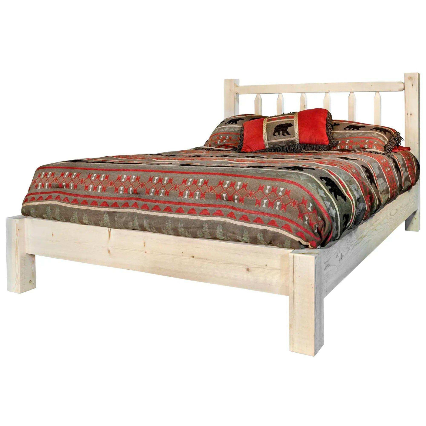 King platform bed with clear lacquer finish and rustic bedding, Homestead Collection