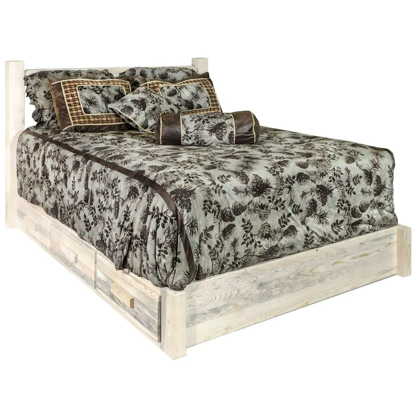 King platform bed with storage drawers, clear lacquer finish, floral bedding
