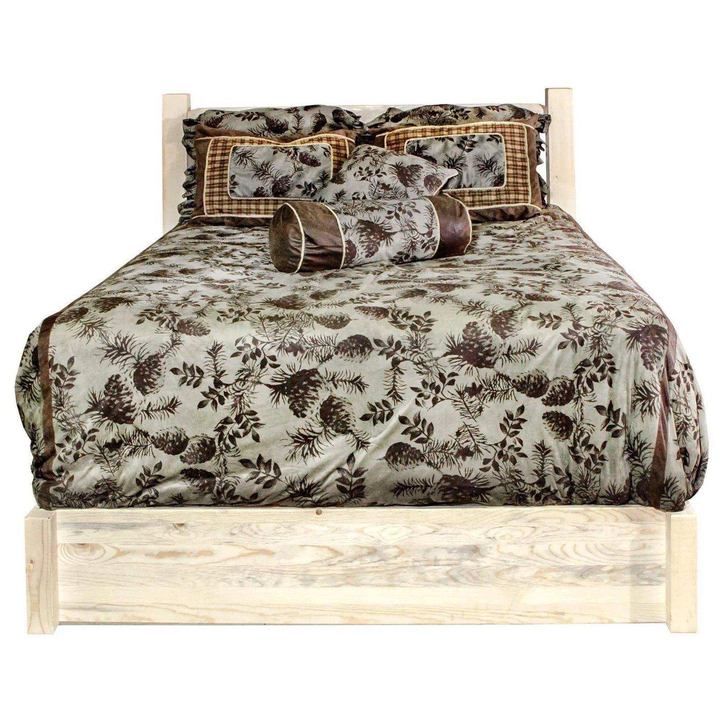 King platform bed with storage, clear lacquer finish, pinecone bedding, Homestead Collection