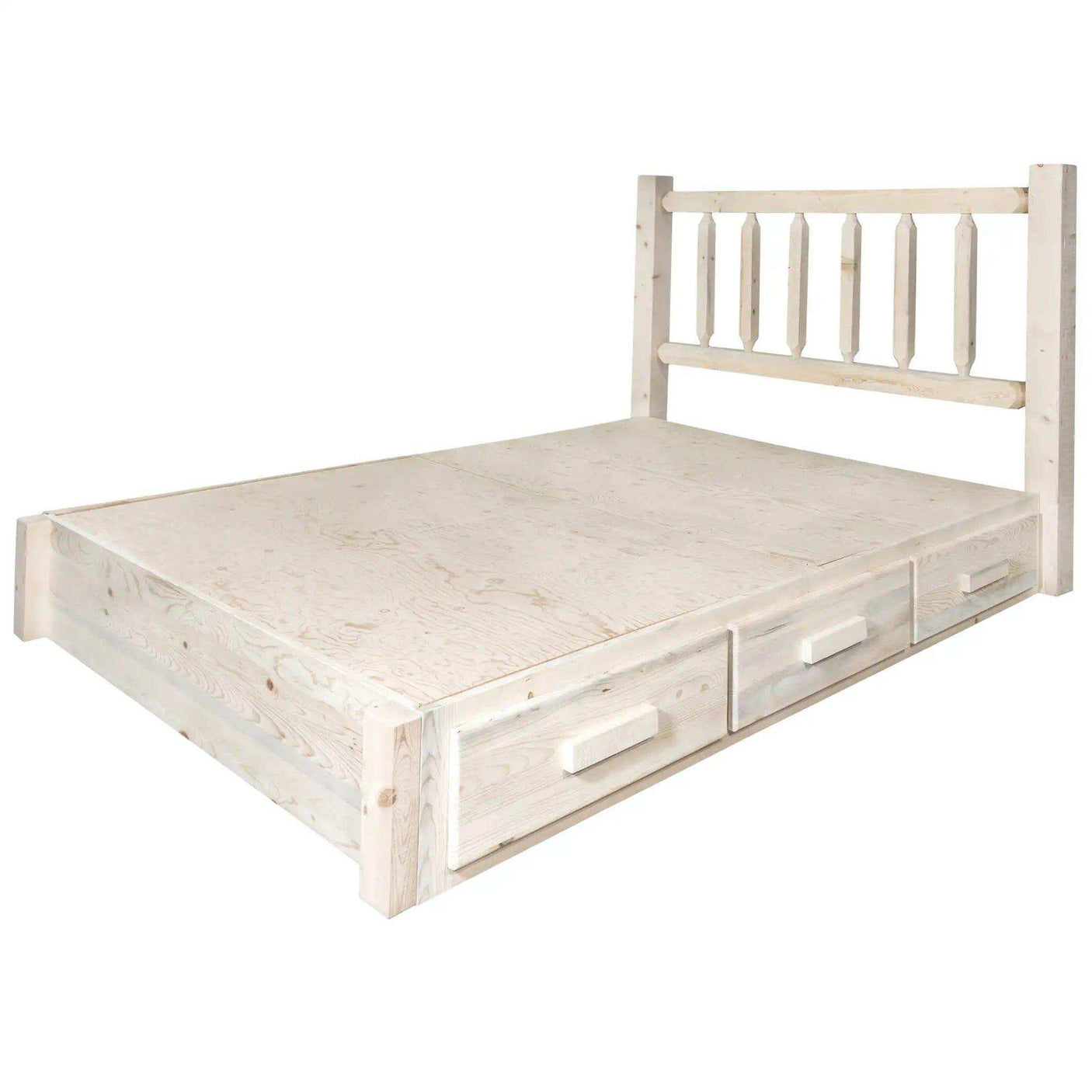 King platform bed with storage drawers, clear lacquer finish, rustic wood frame