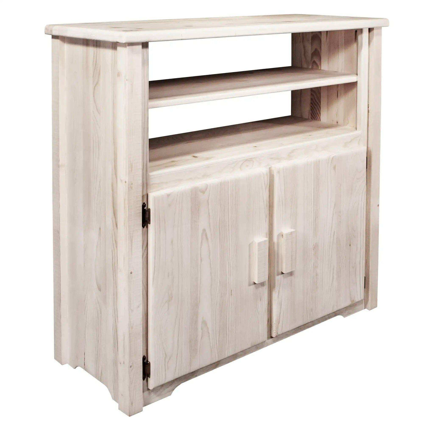 Homestead Collection natural wood media center with open shelves and cabinet doors
