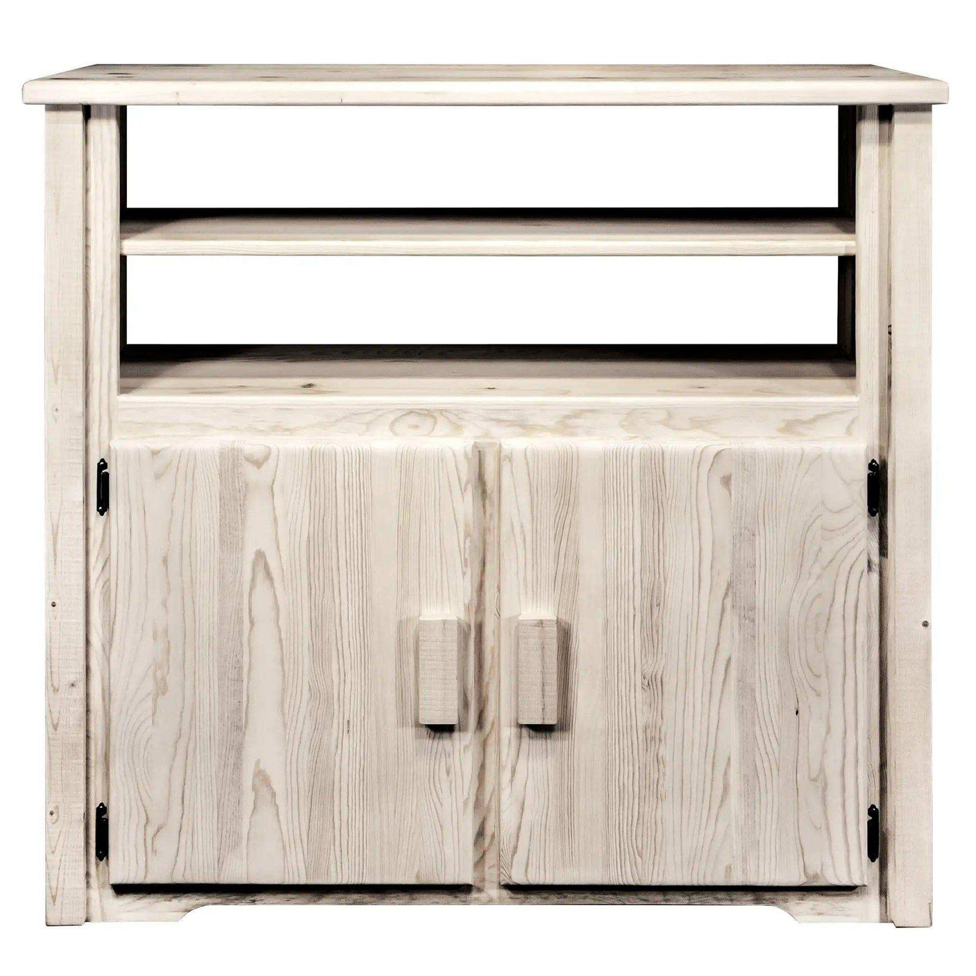 Homestead Collection media center with clear lacquer finish, rustic wood, two doors, open shelves