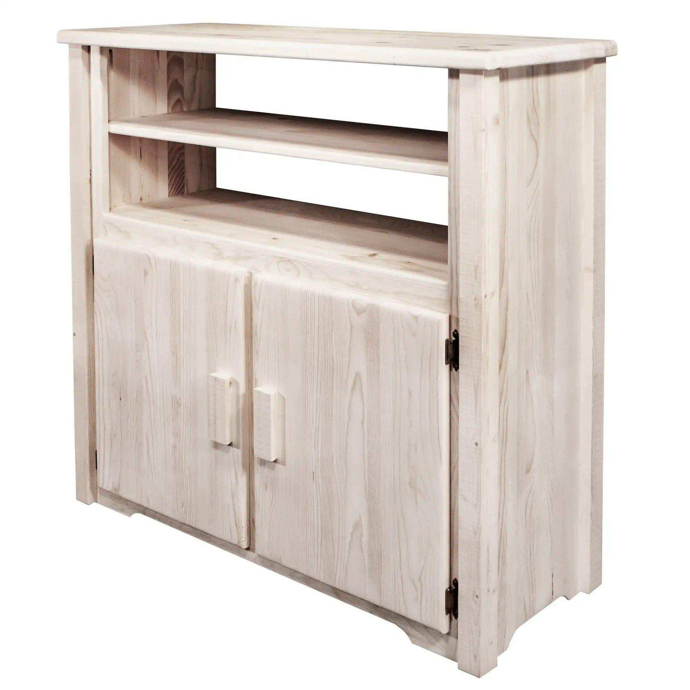 Rustic wood media center with clear lacquer finish, open shelves, and double-door storage