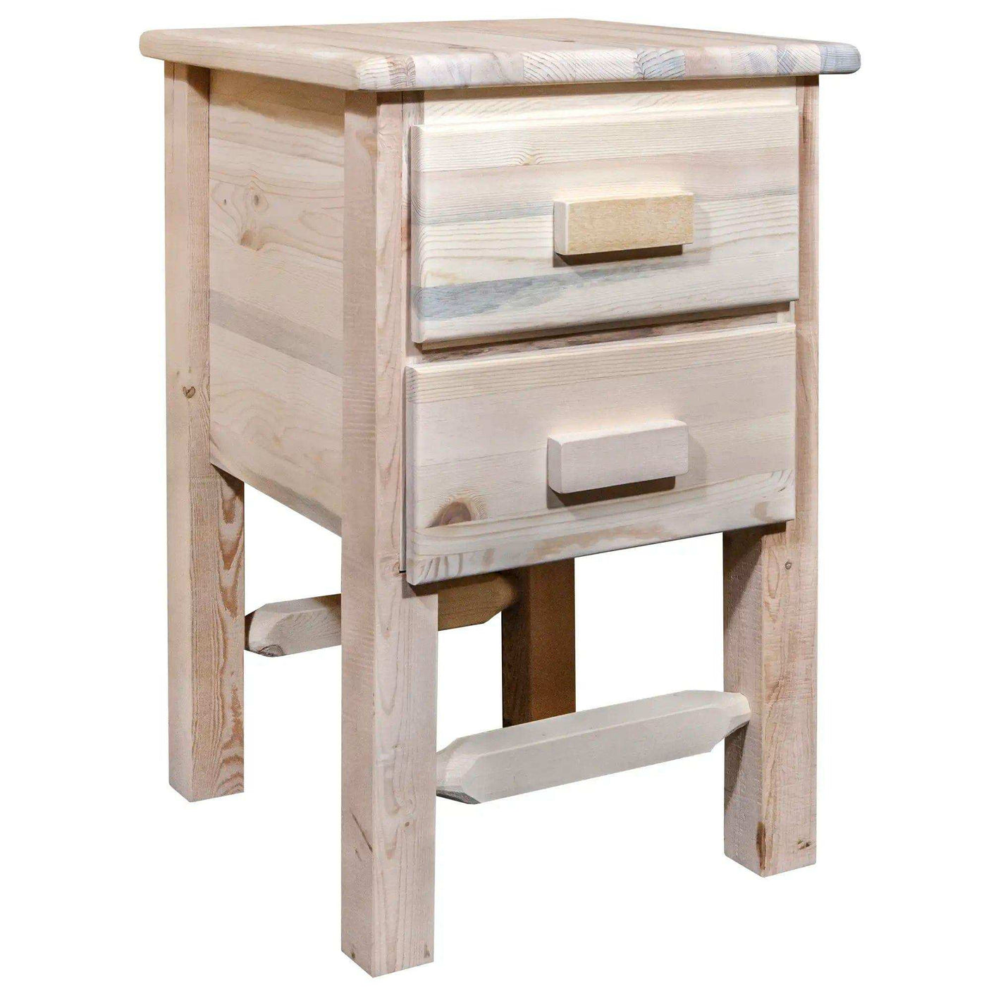 Rustic wood nightstand with two drawers in clear lacquer finish, Homestead Collection