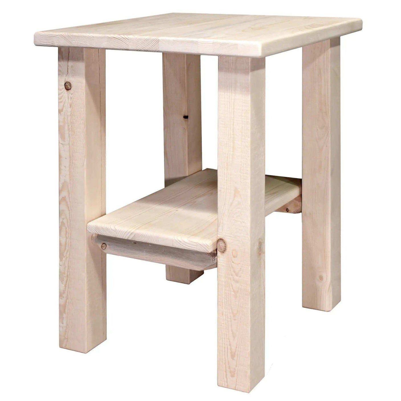 Rustic wood nightstand with shelf, clear lacquer finish, Homestead Collection