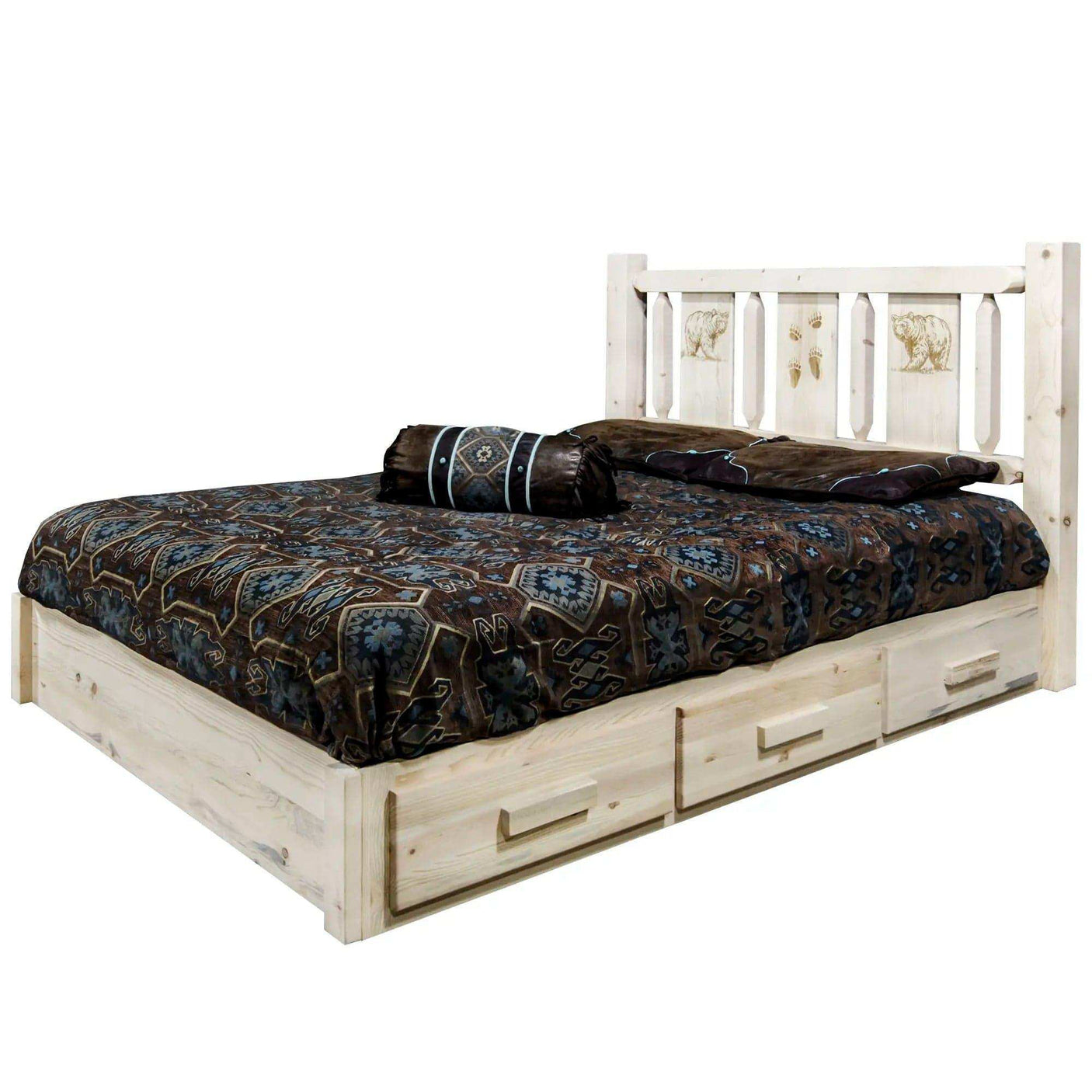 King platform bed with storage drawers, rustic wood, engraved bear design headboard, patterned bedding