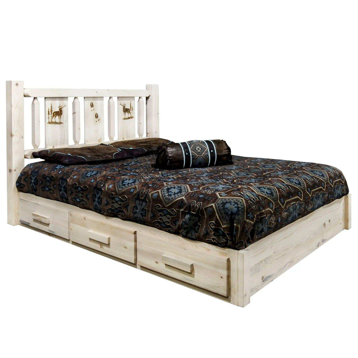 King size platform bed with storage drawers, natural wood finish, laser-engraved headboard