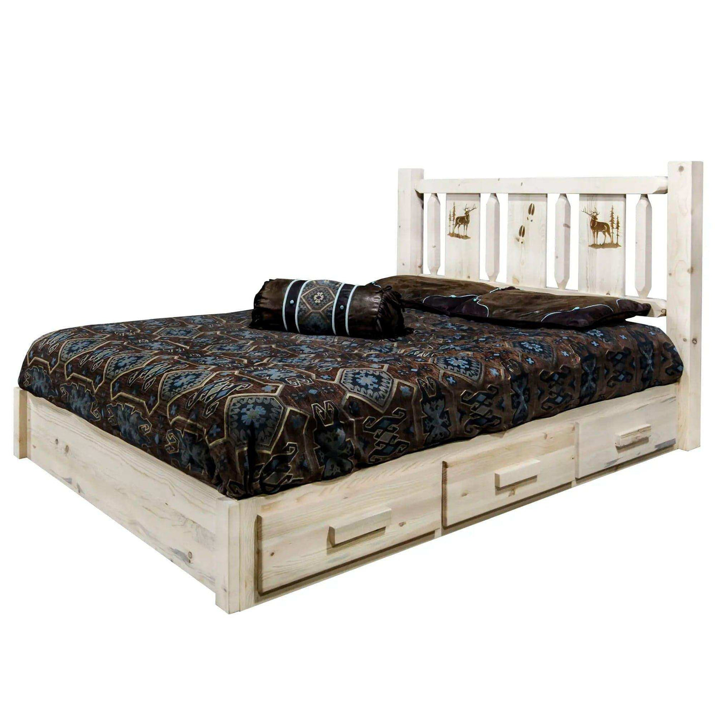 King platform bed with storage drawers, laser-engraved wood headboard, rustic bedding