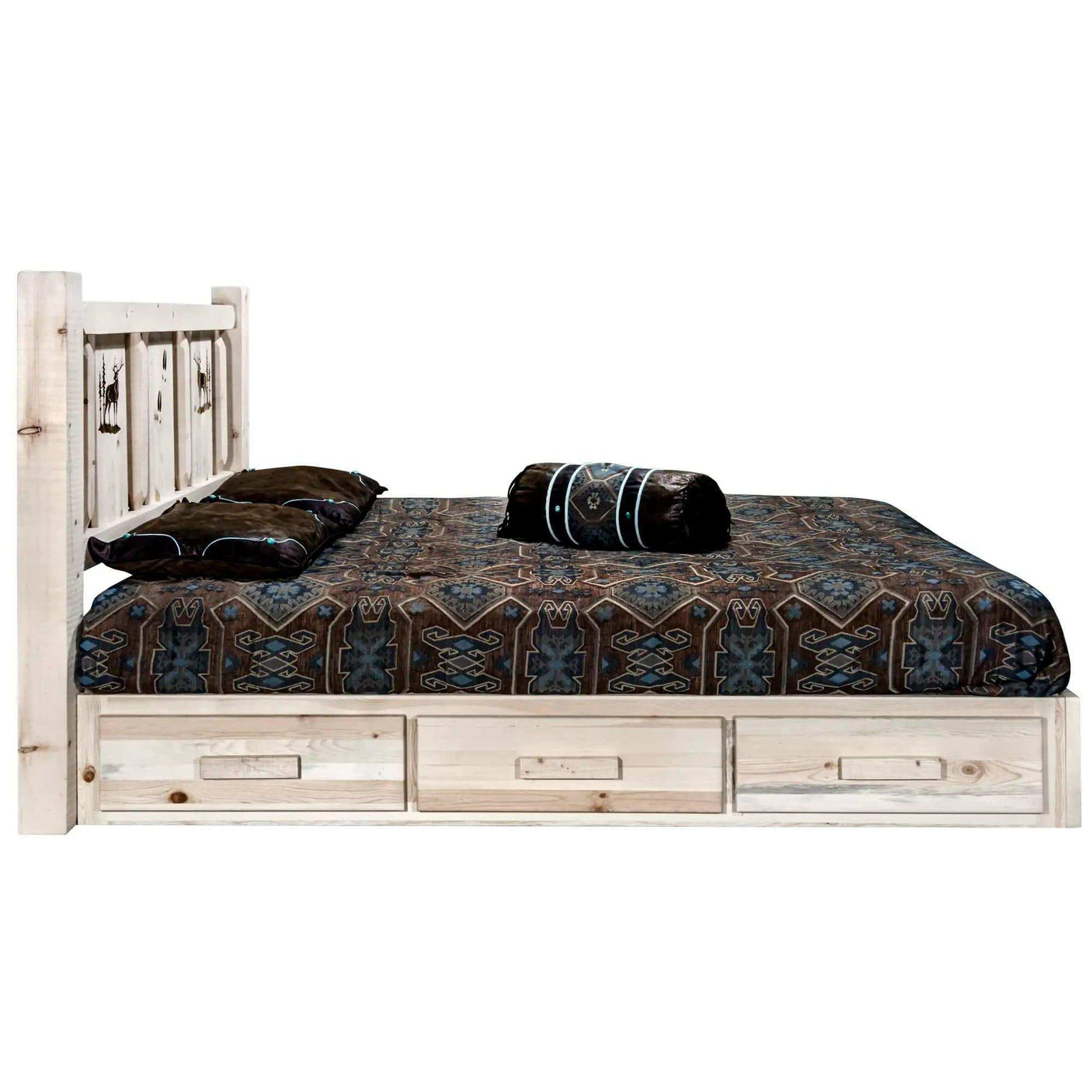 King platform bed with storage drawers, rustic wood, laser engraved headboard, patterned bedding