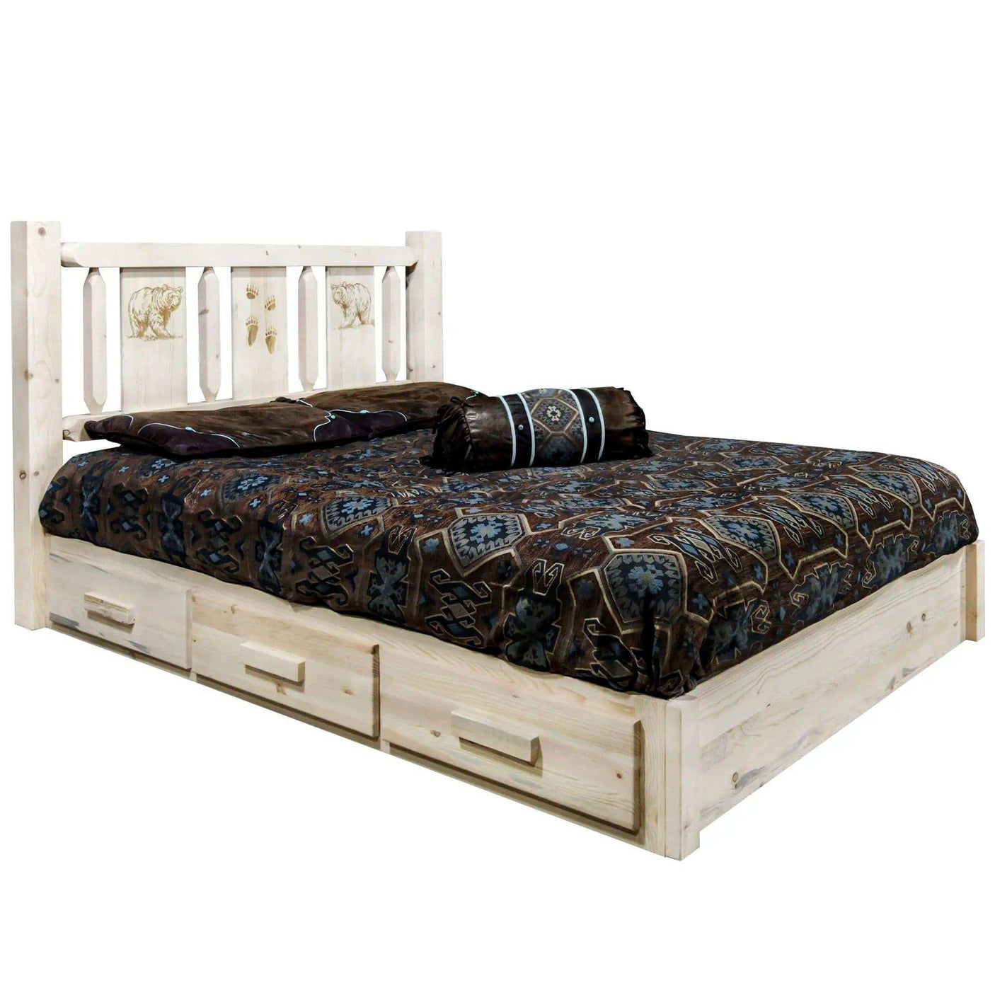 Queen platform bed with storage drawers, rustic wood frame, laser engraved bear designs