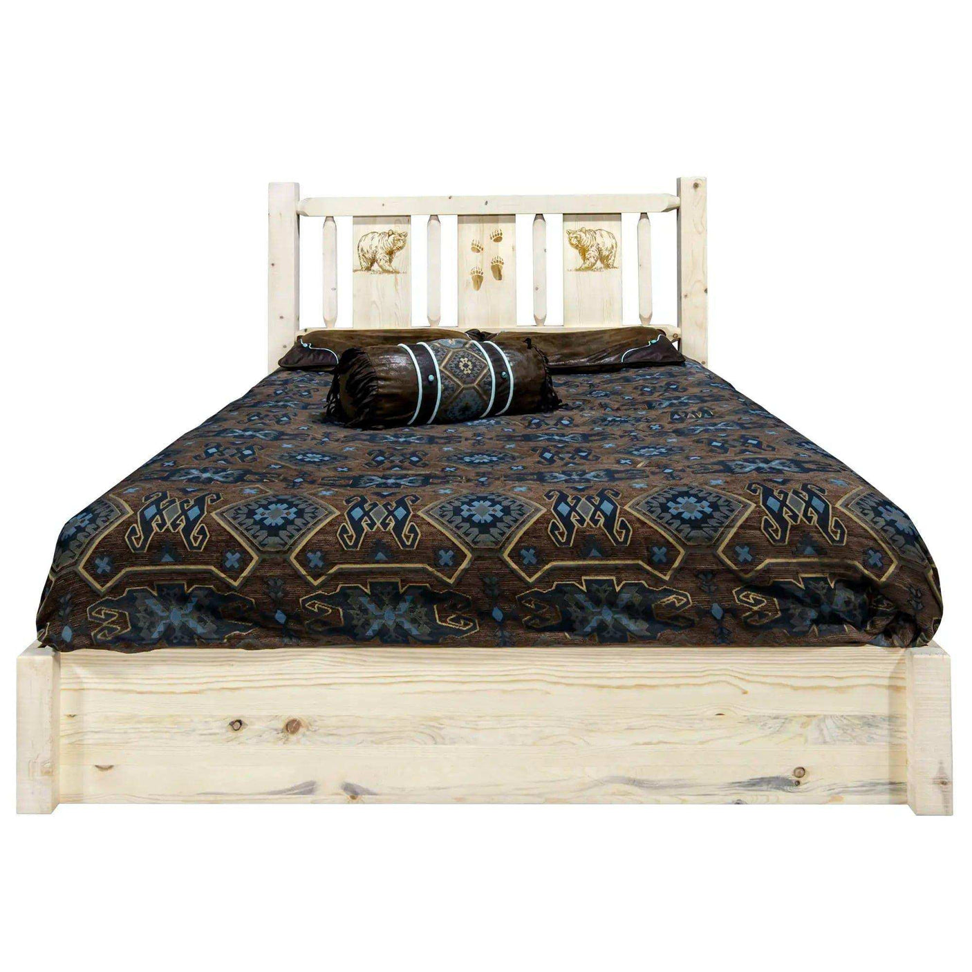 Homestead Collection queen platform bed with storage, light wood, laser-engraved bear headboard