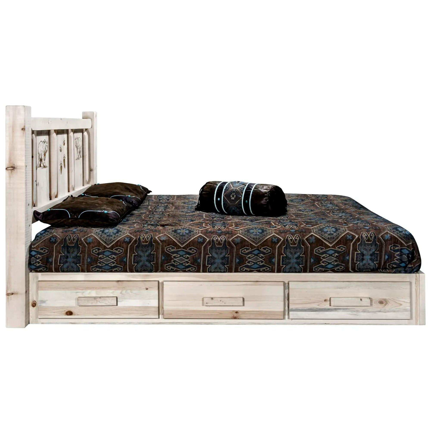 Queen platform bed with storage drawers, rustic wood, laser-engraved headboard, patterned bedding