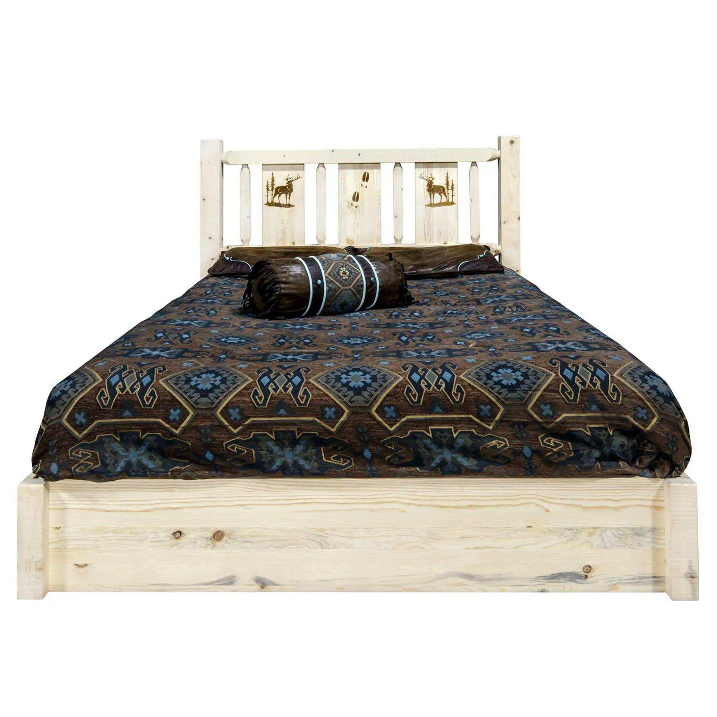 Queen platform bed with storage, rustic wood design, laser engraved deer headboard