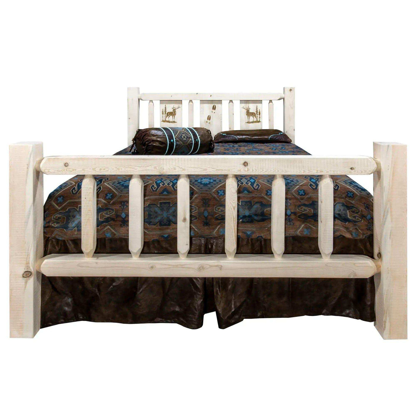 Rustic queen bed with laser engraved headboard and clear lacquer finish, patterned bedding