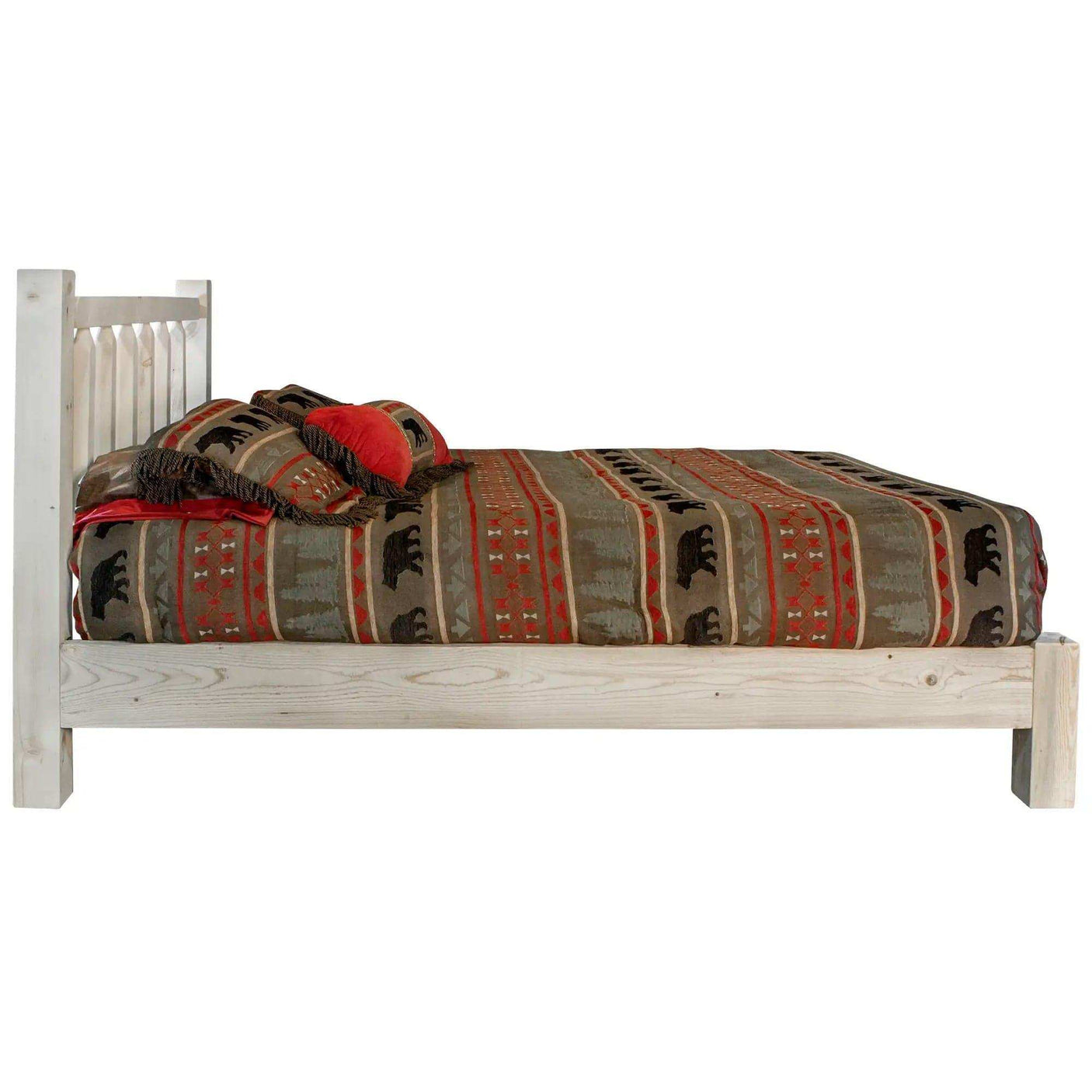 Queen platform bed with clear lacquer finish and rustic bear print bedding