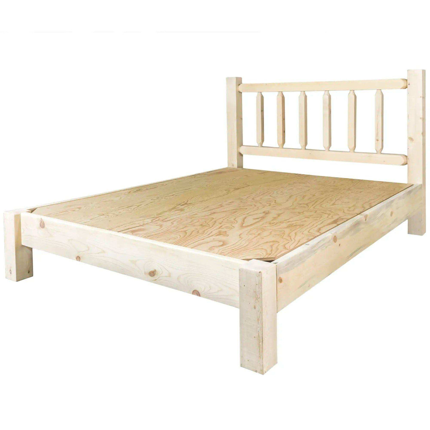 Queen platform bed in clear lacquer finish, solid wood frame, simple spindle headboard