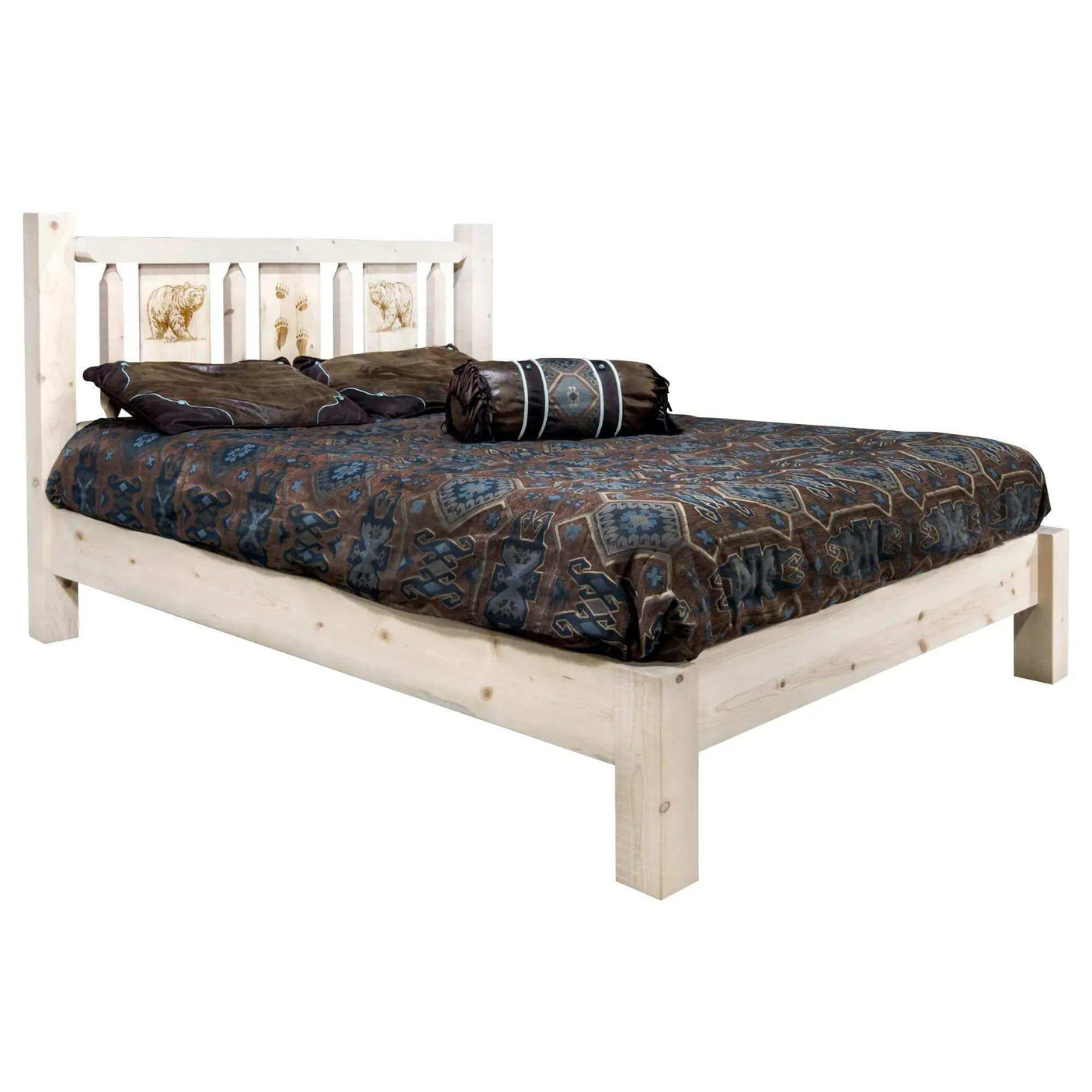 Queen platform bed with laser-engraved headboard and clear lacquer wood finish
