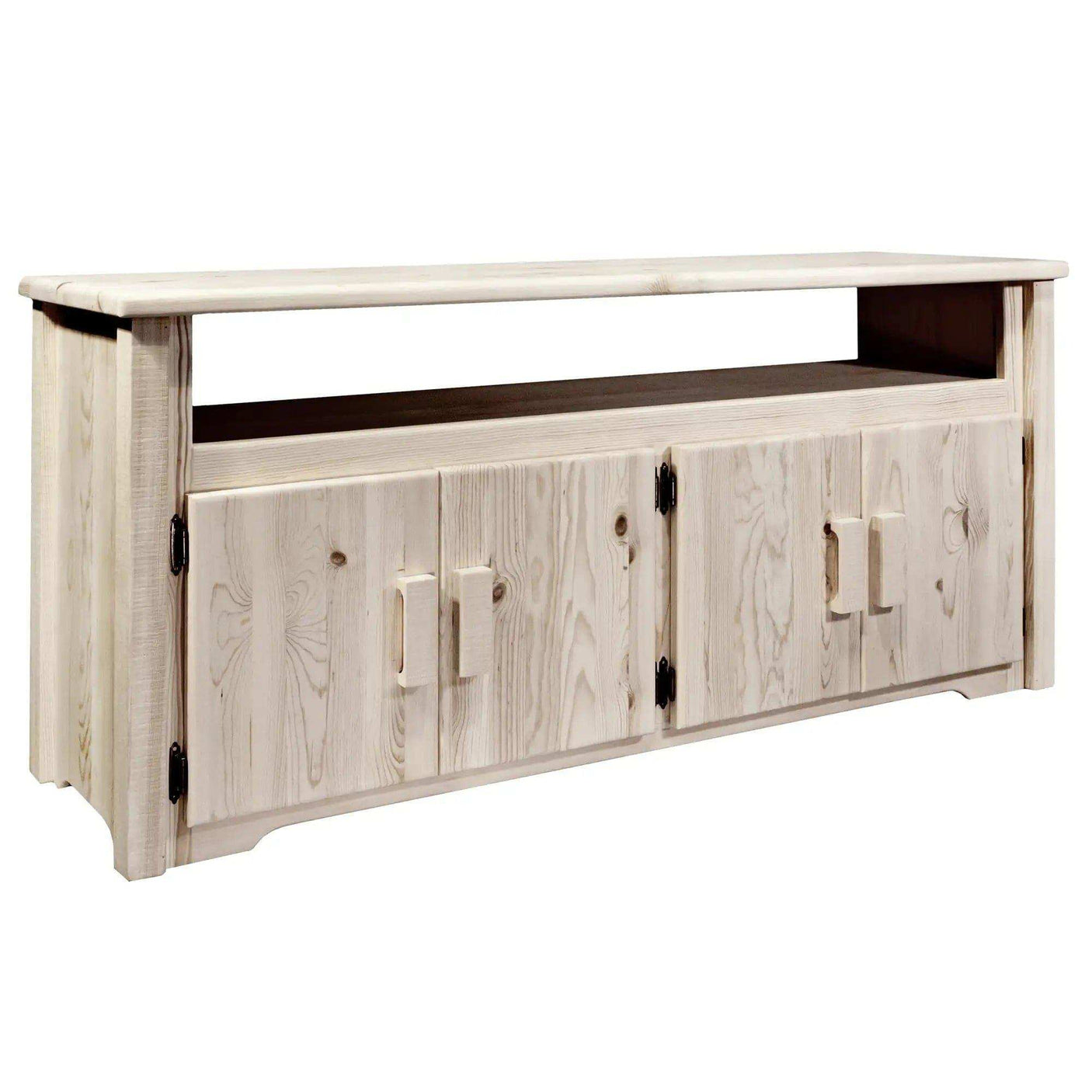 Rustic wood TV stand with clear lacquer finish and four cabinet doors, Homestead Collection