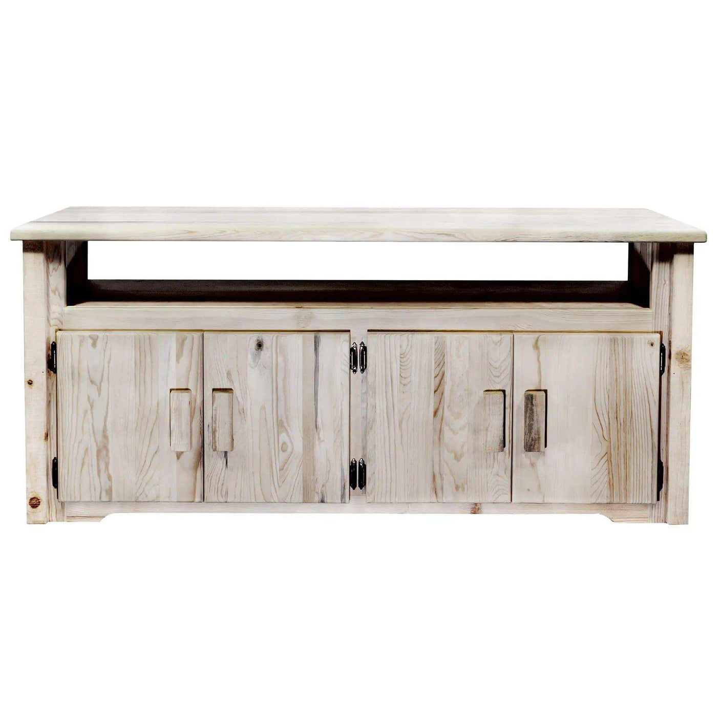Rustic light wood TV stand with four cabinet doors and open shelf, clear lacquer finish