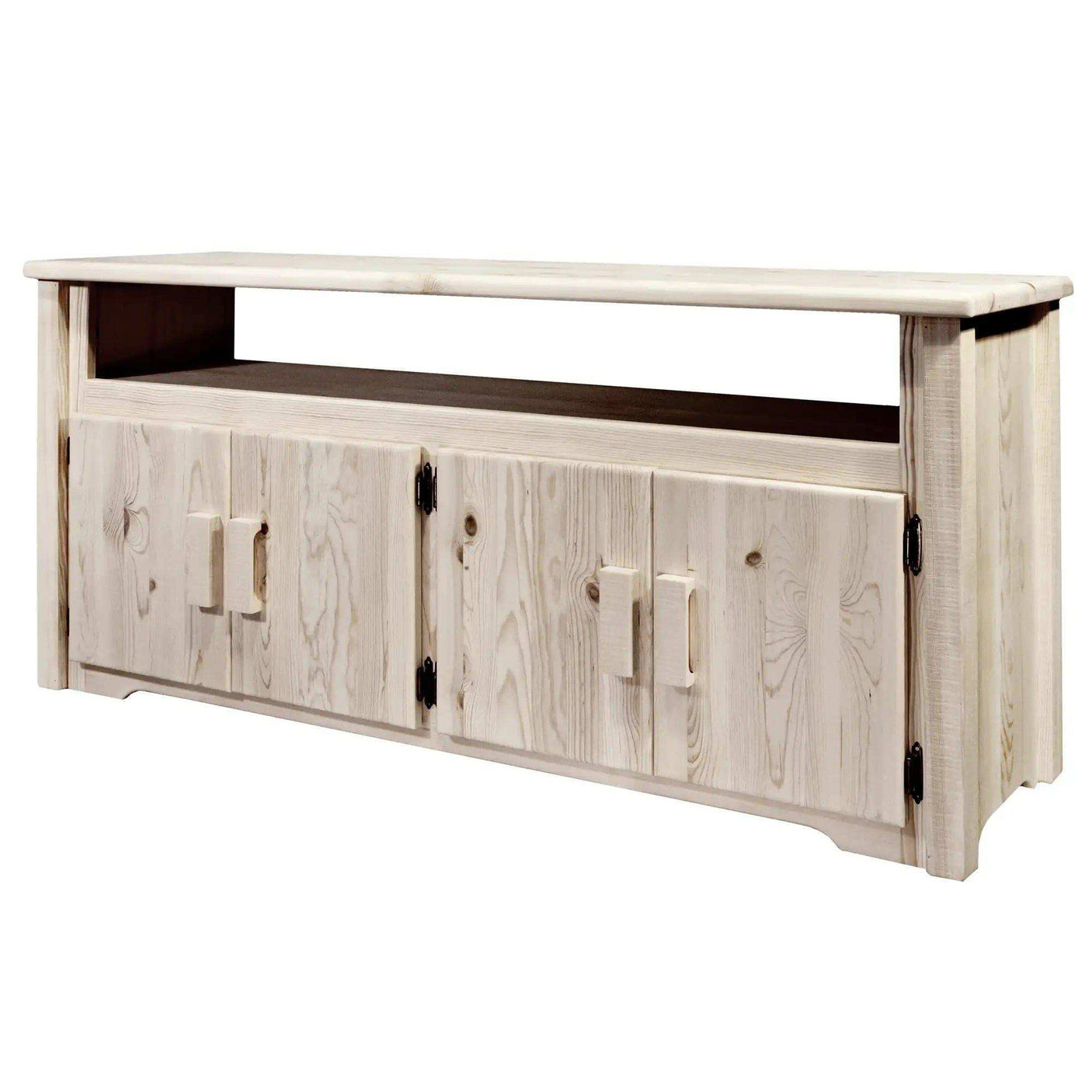 Homestead Collection TV stand in clear lacquer finish with cabinet doors and open shelf