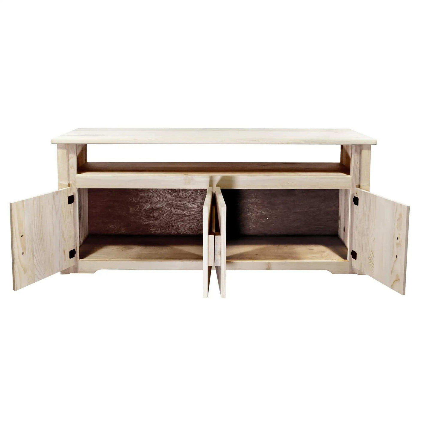 Homestead Collection TV stand with clear lacquer finish, open storage and double doors
