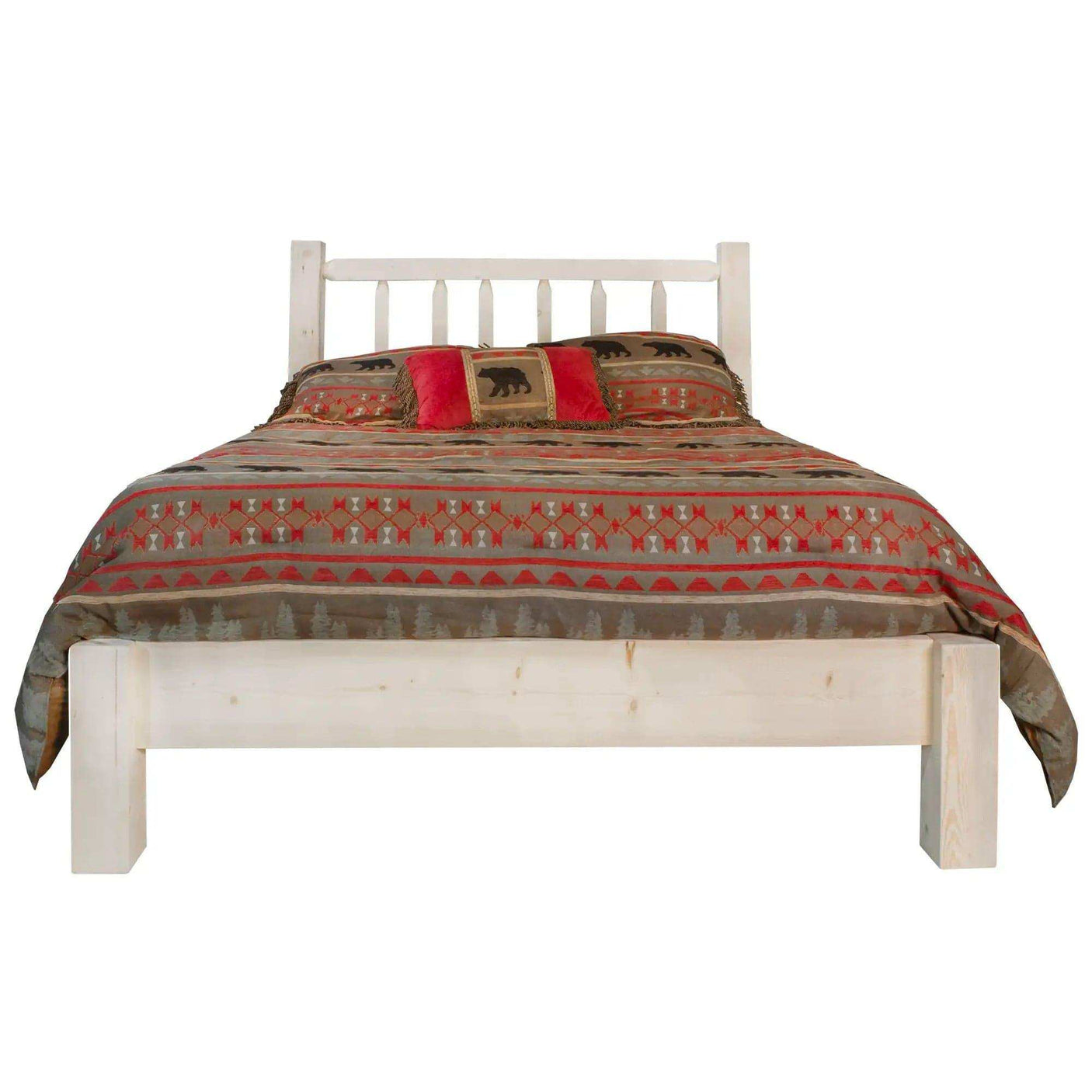 Homestead Collection twin platform bed with clear lacquer finish and bear-themed bedding