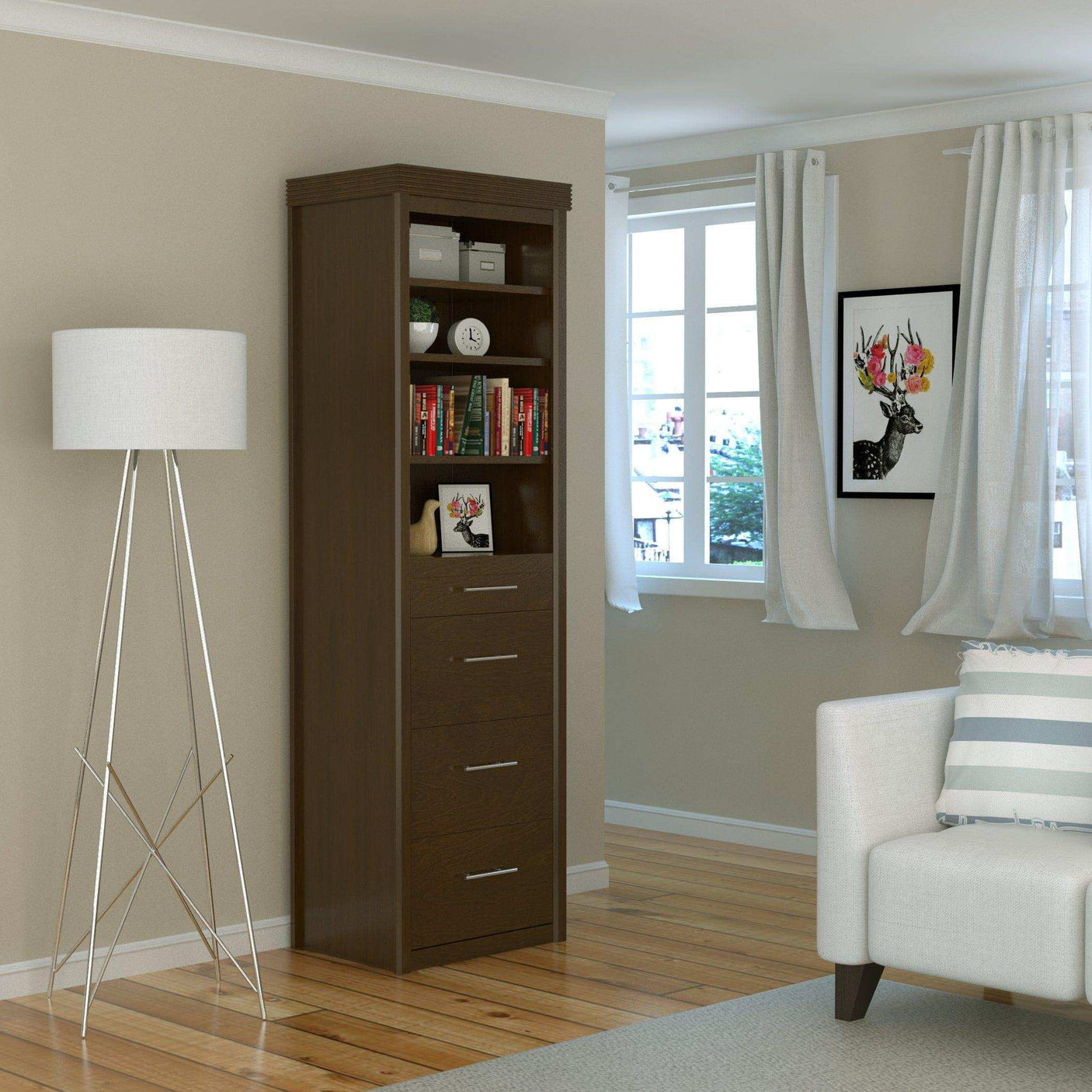 Walnut bedroom tower with drawers and shelves in modern living room near window and floor lamp