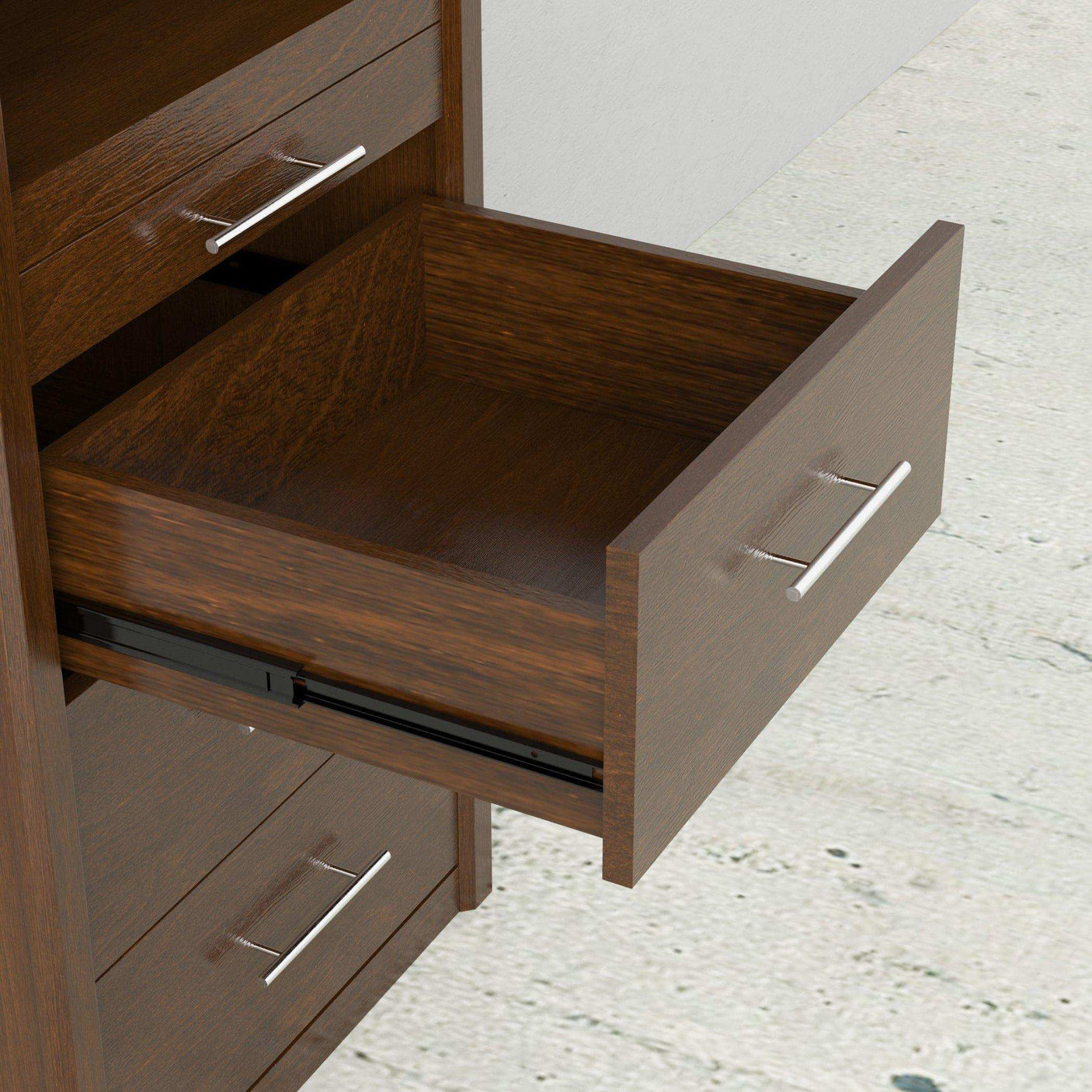 Walnut wood bedroom tower with open drawer and silver handles on light floor