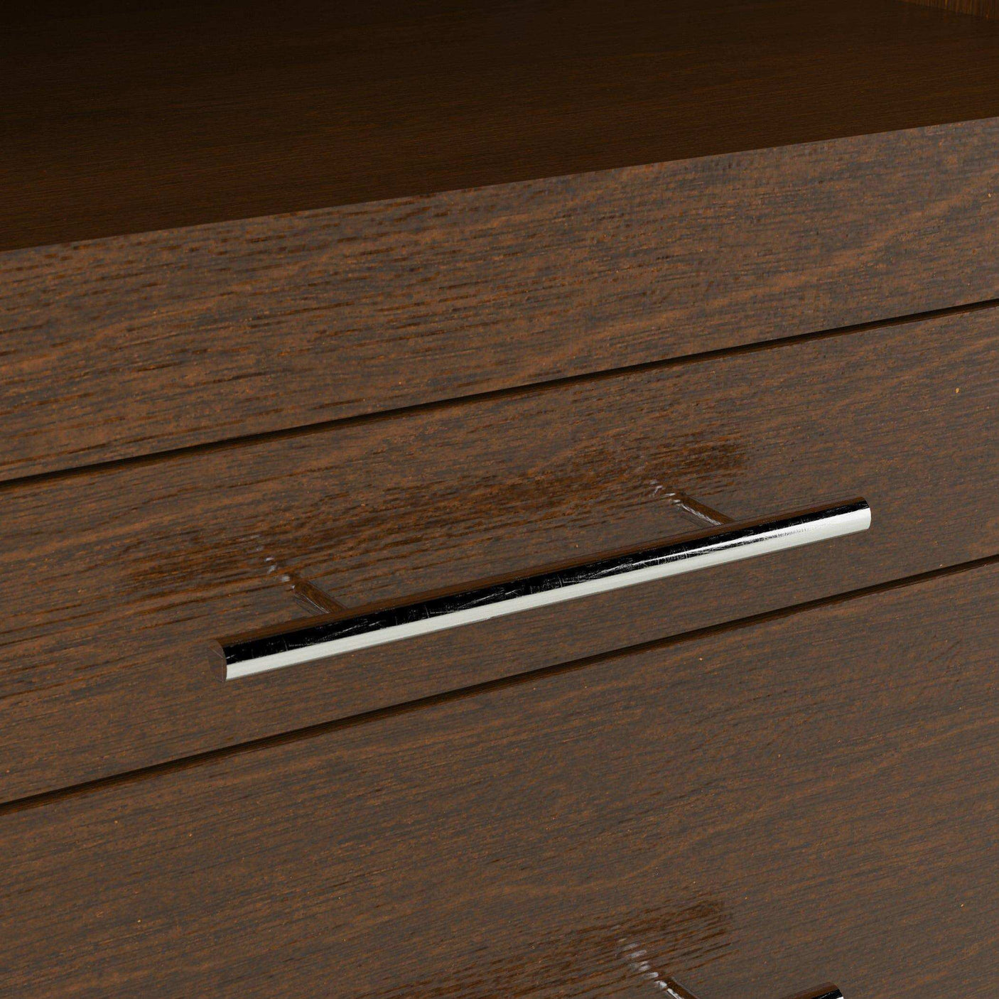 Close-up of walnut wood dresser drawer with sleek chrome handle, modern bedroom furniture
