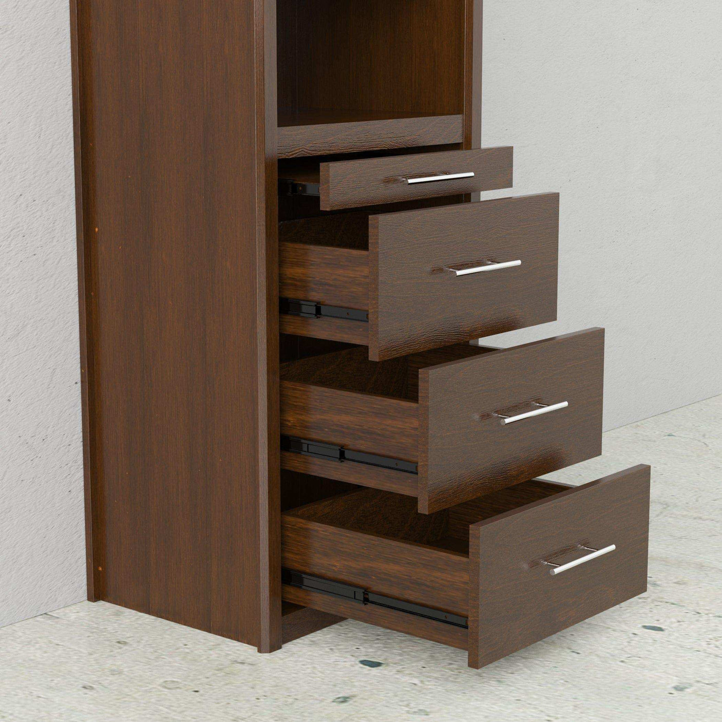 Walnut wood bedroom tower with four open drawers and modern metal handles