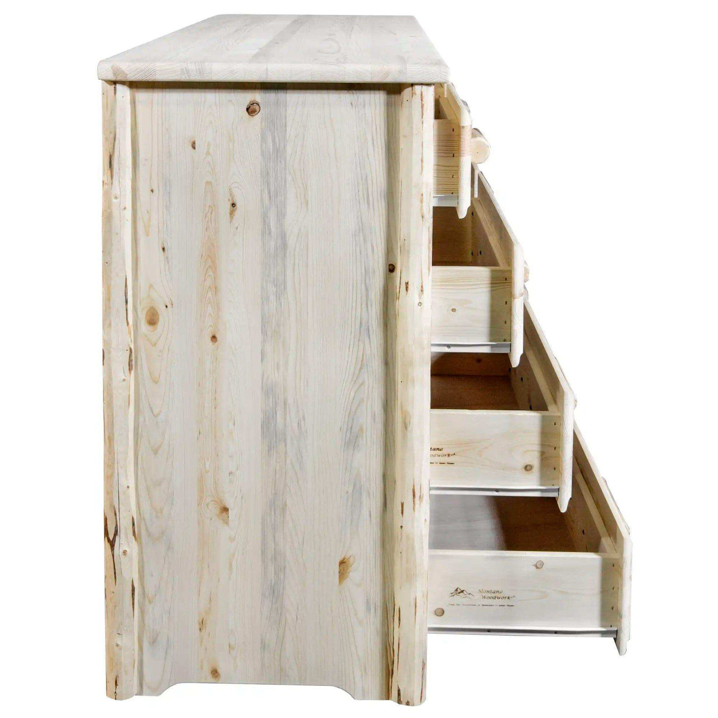 Side view of Montana Collection 9-drawer dresser in clear lacquer finish with open drawers