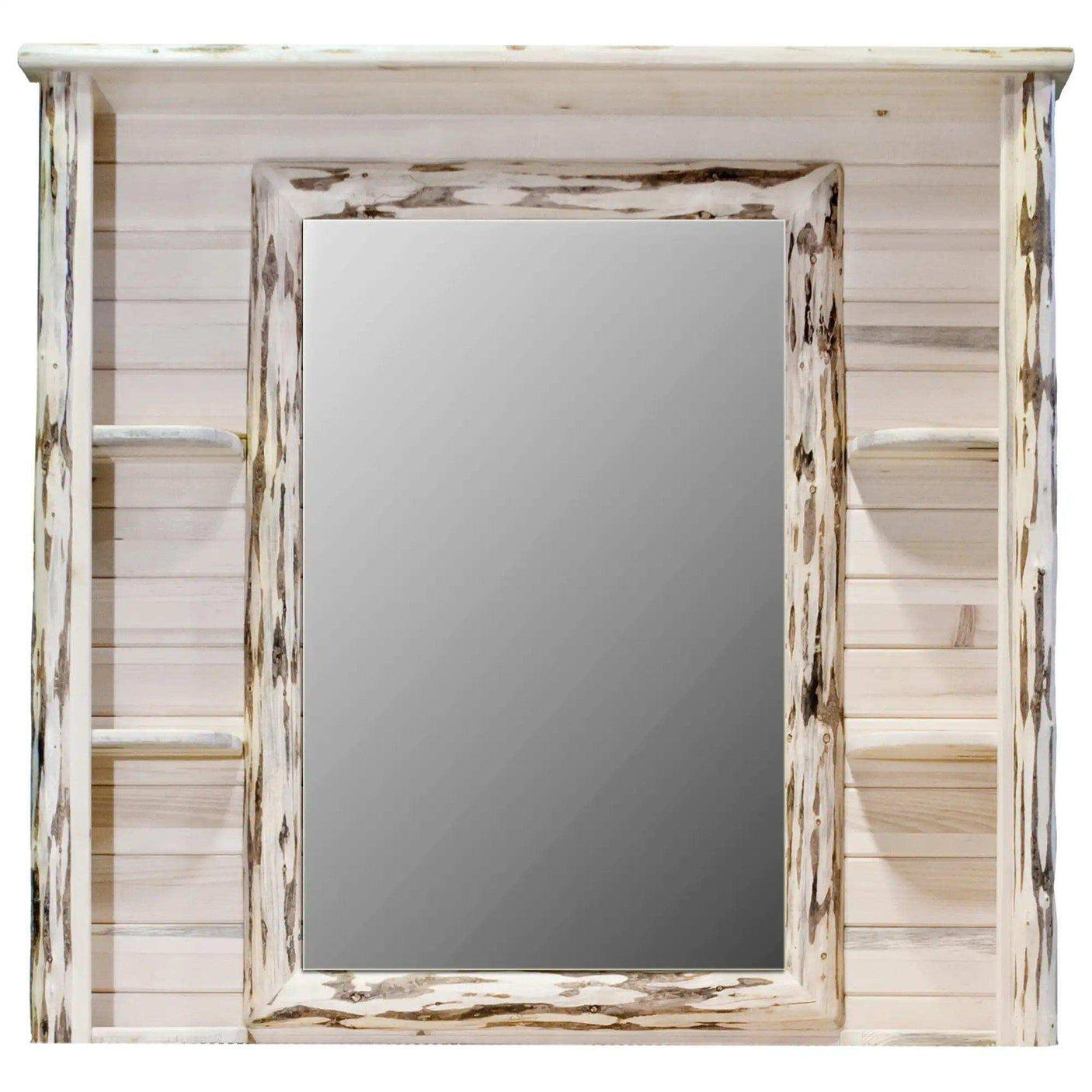 Montana Collection deluxe dresser mirror with clear lacquer finish and rustic wood shelves