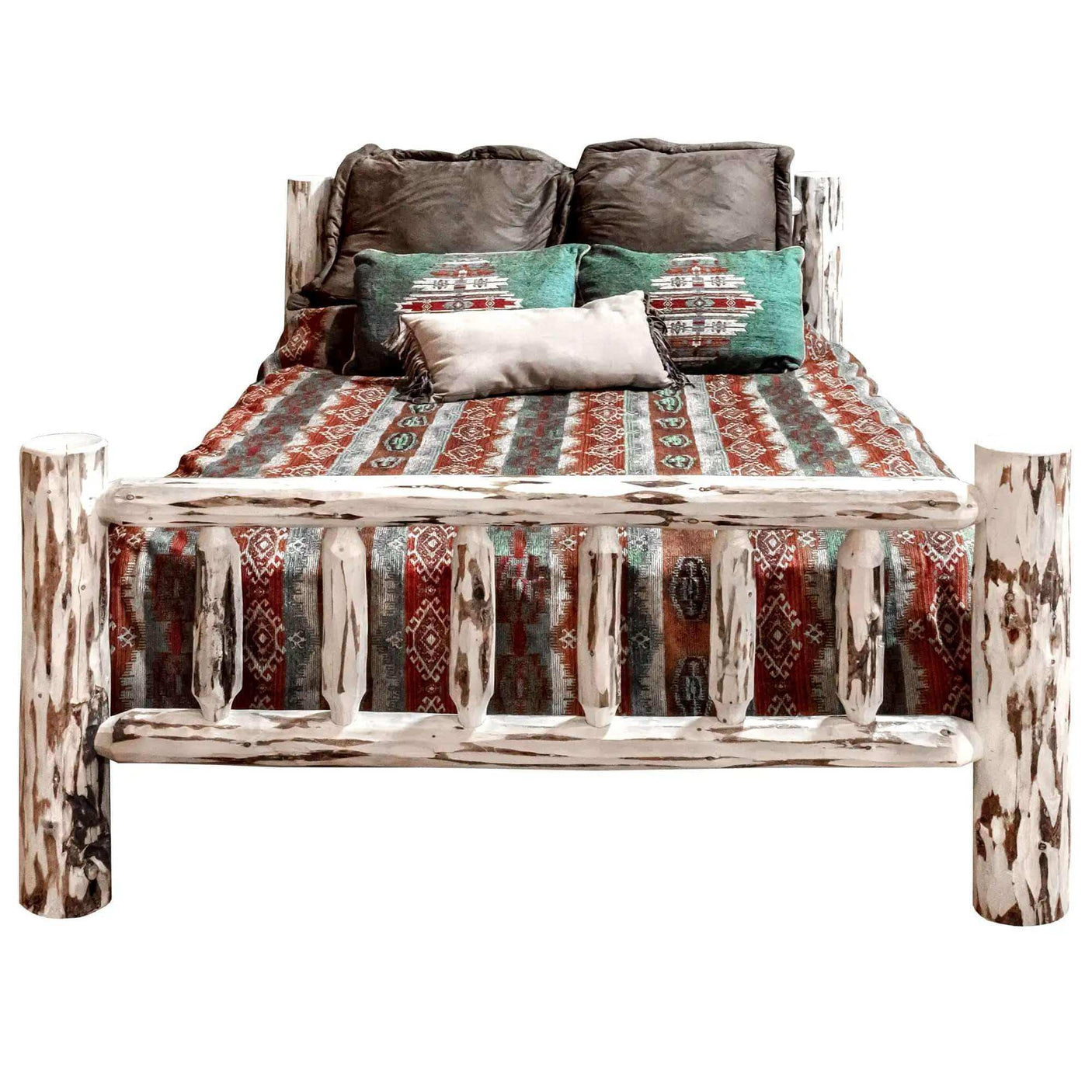 Montana Collection Eastern king bed with clear lacquer finish, rustic log frame, patterned bedding