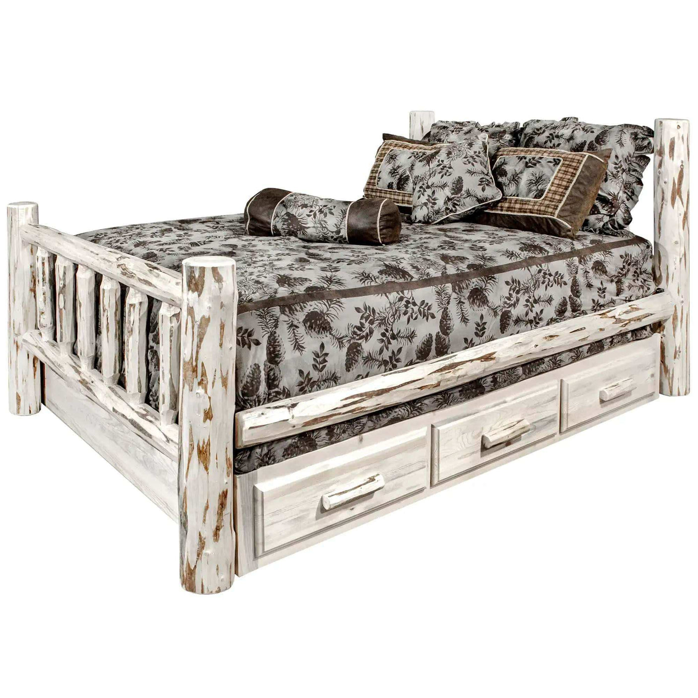 Rustic full bed with storage drawers, light wood frame, floral bedding, Montana Collection