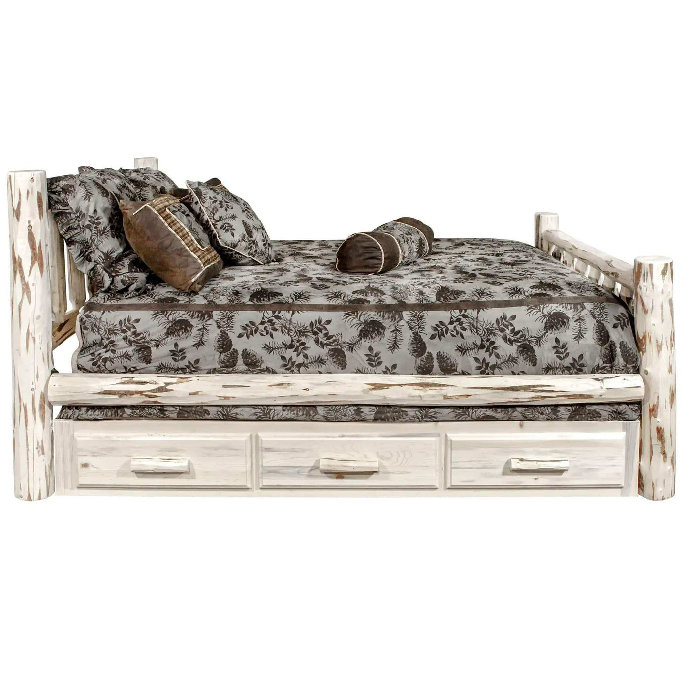 Rustic full bed with storage drawers and clear lacquer finish, patterned bedding