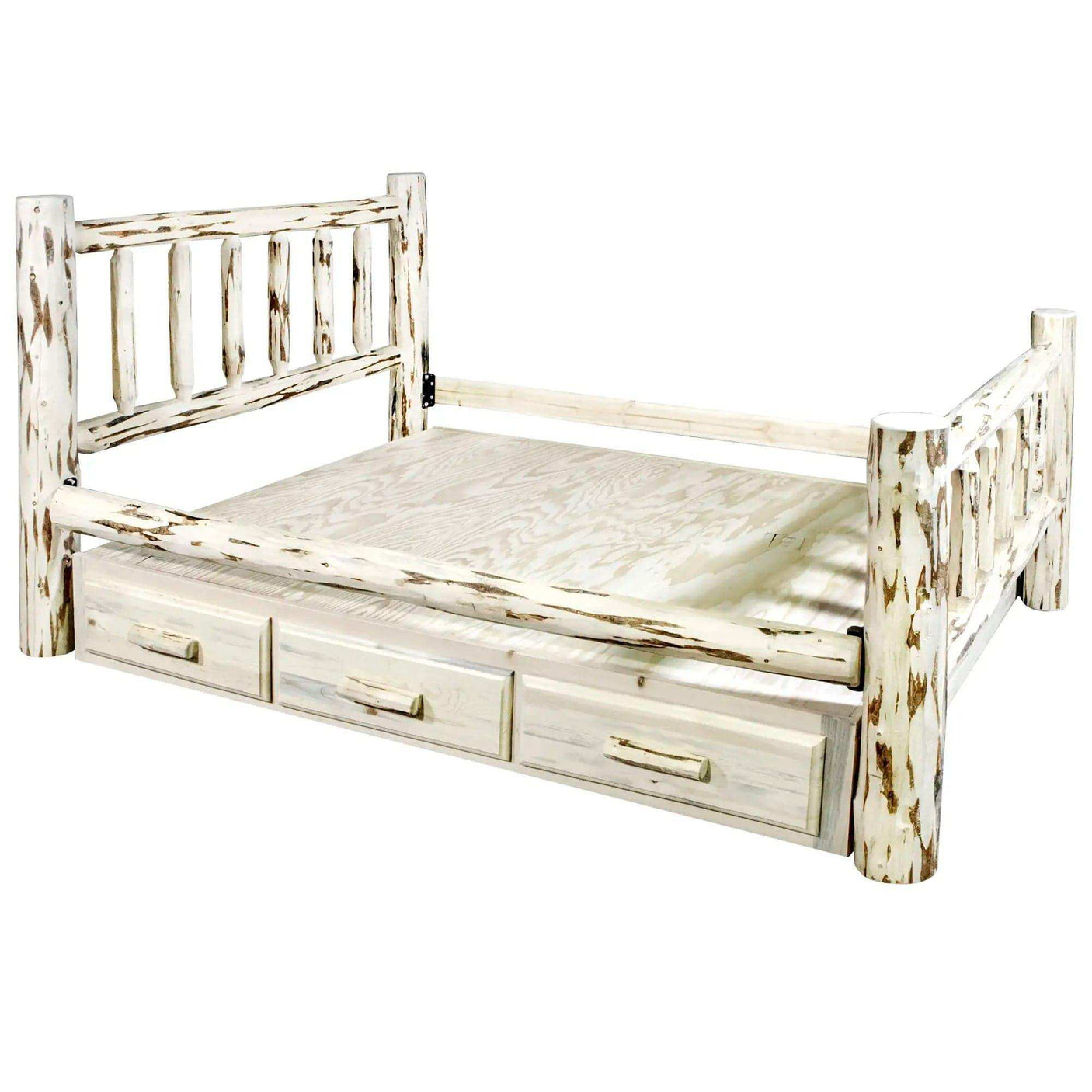 Rustic clear lacquer log full bed with storage drawers, Montana Collection, Bedroom Depot USA