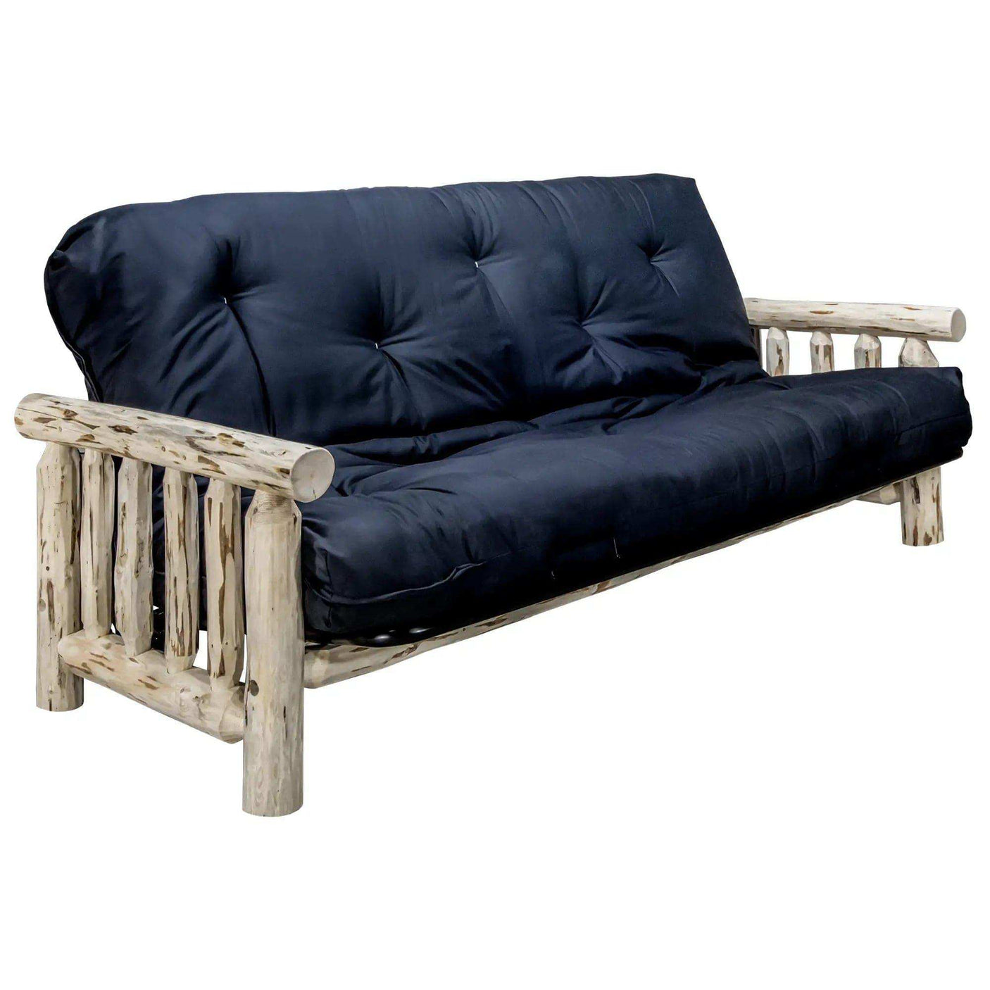 Rustic wood futon frame with black mattress, clear lacquer finish, log armrests