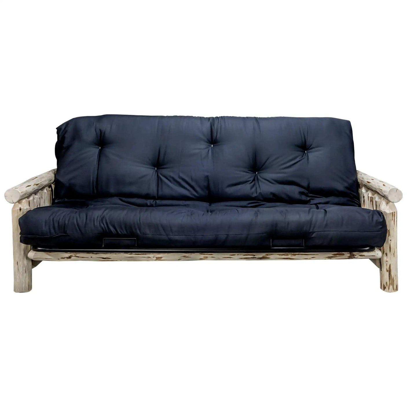 Rustic wood futon frame with black mattress, Montana Collection, clear lacquer finish