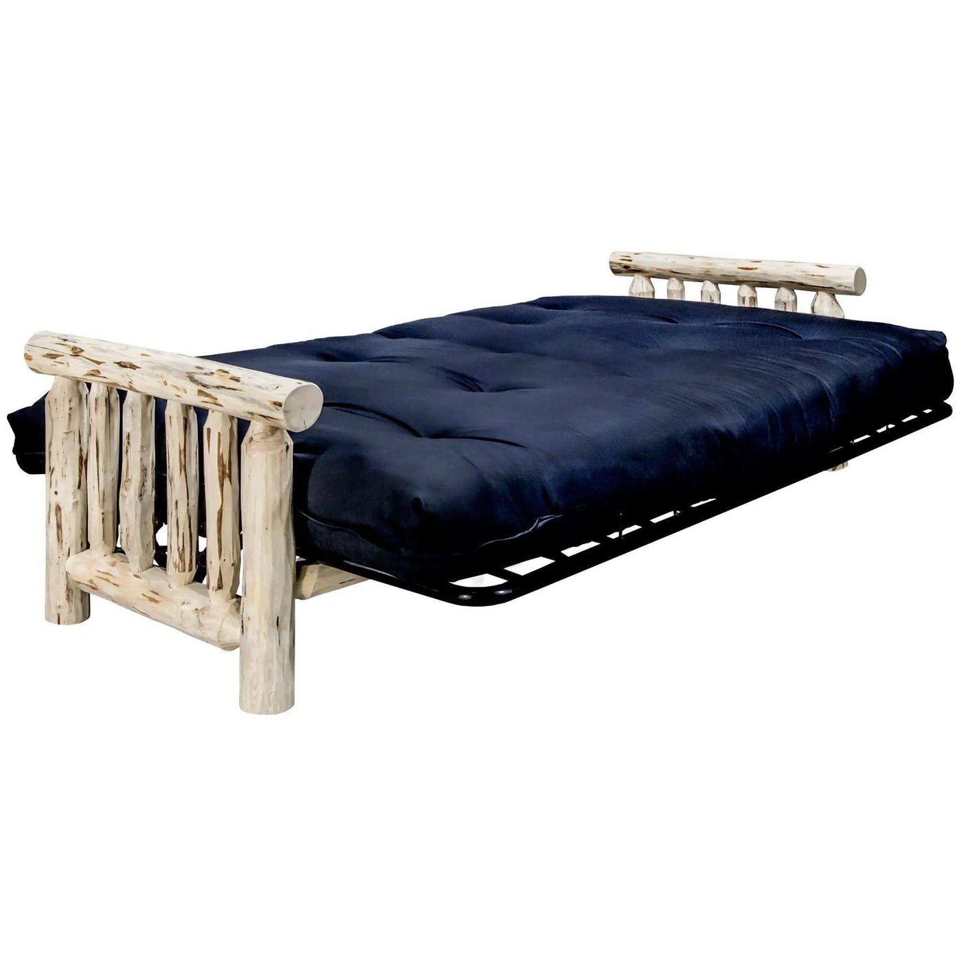 Rustic futon frame with clear lacquer finish and navy mattress, Montana Collection