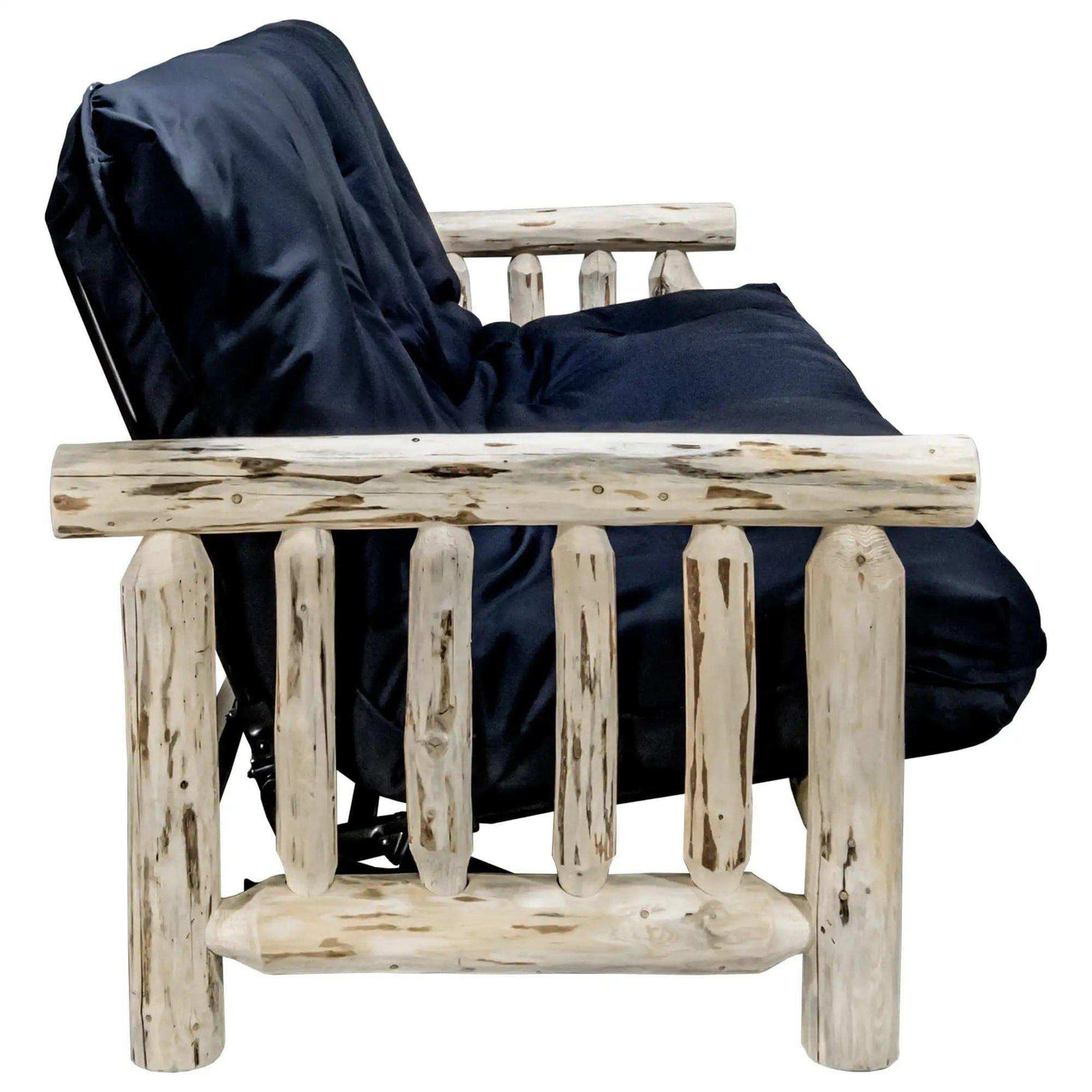 Rustic log futon frame with black mattress, clear lacquer finish, cabin style furniture