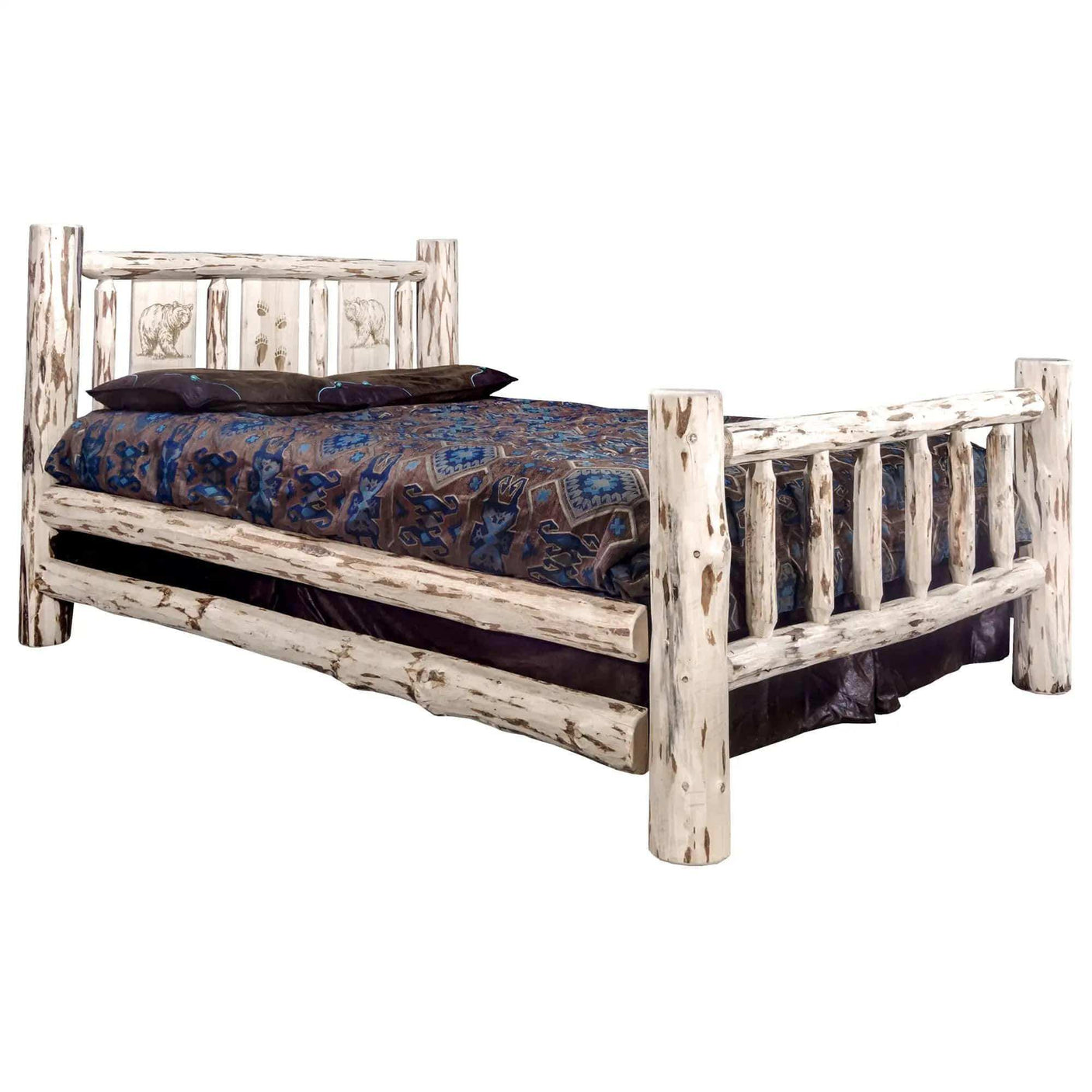 Rustic Montana king bed with laser-engraved wood and clear lacquer finish, blue patterned bedding